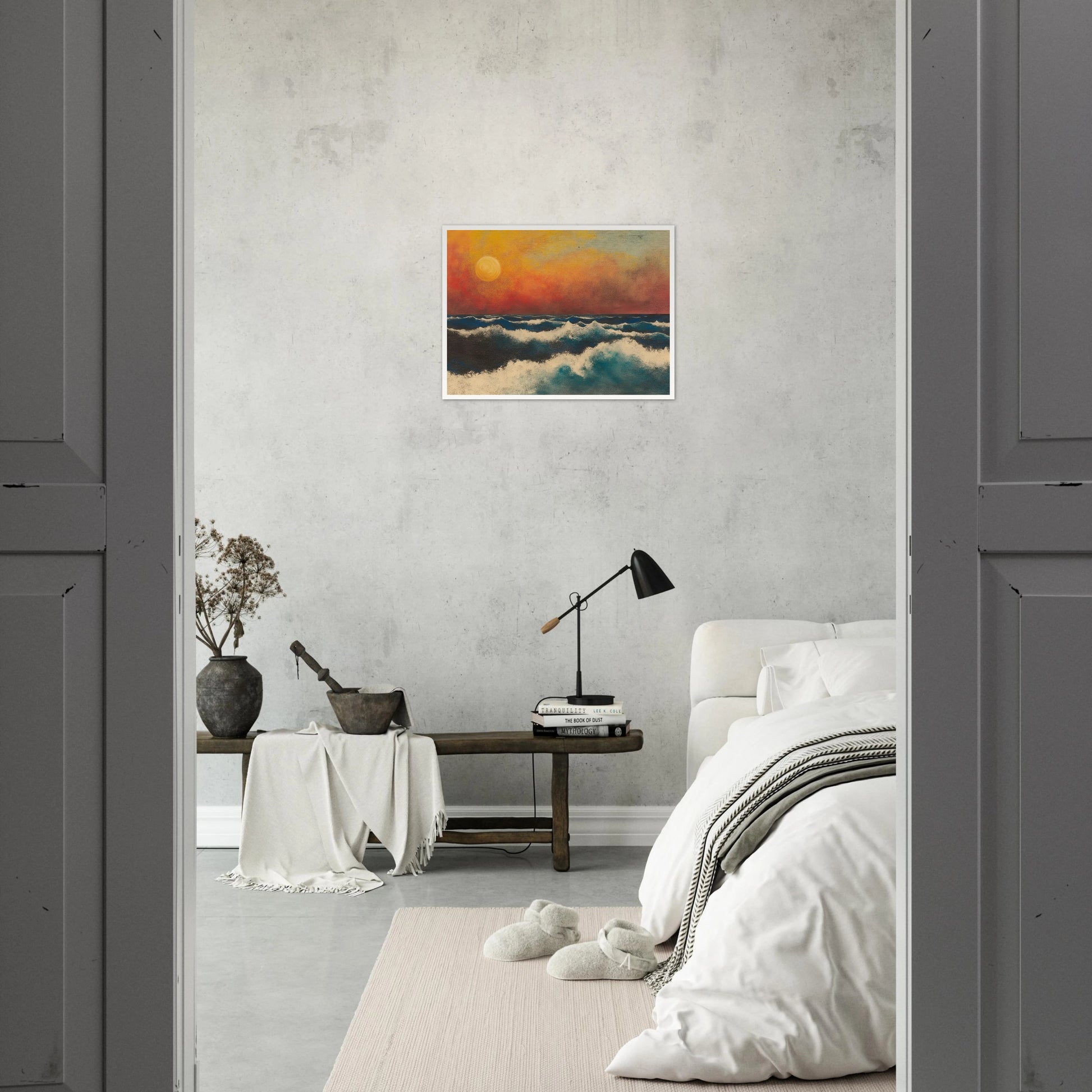 Crashing ocean waves beneath a fiery orange sunset sky, with textured swirls and foam breaking across deep blue water.