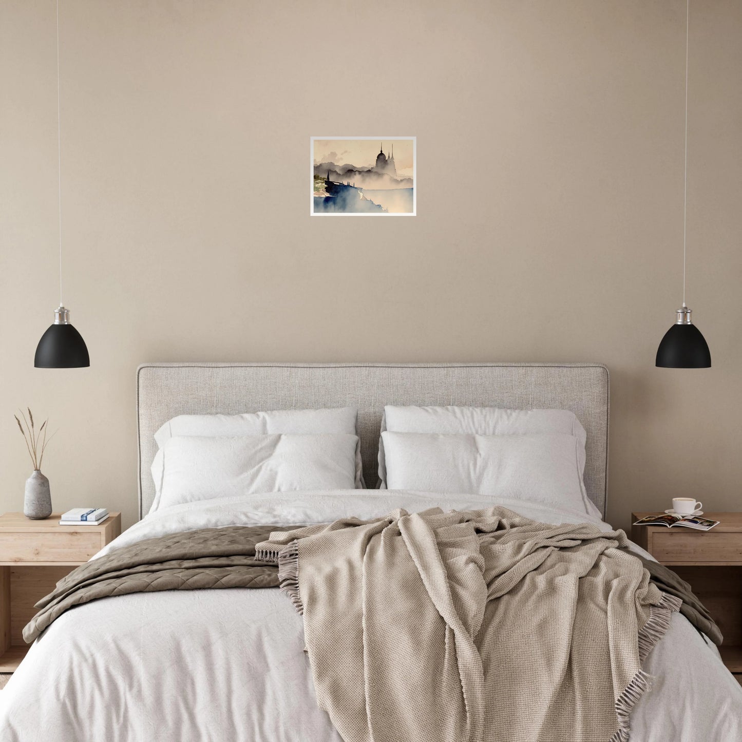 Dreamlike palace silhouette rising from misty hills and cliffs, with watercolor tones evoking mystery and distant lands.