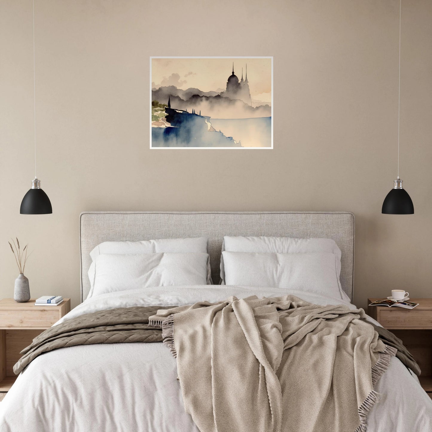 Dreamlike palace silhouette rising from misty hills and cliffs, with watercolor tones evoking mystery and distant lands.