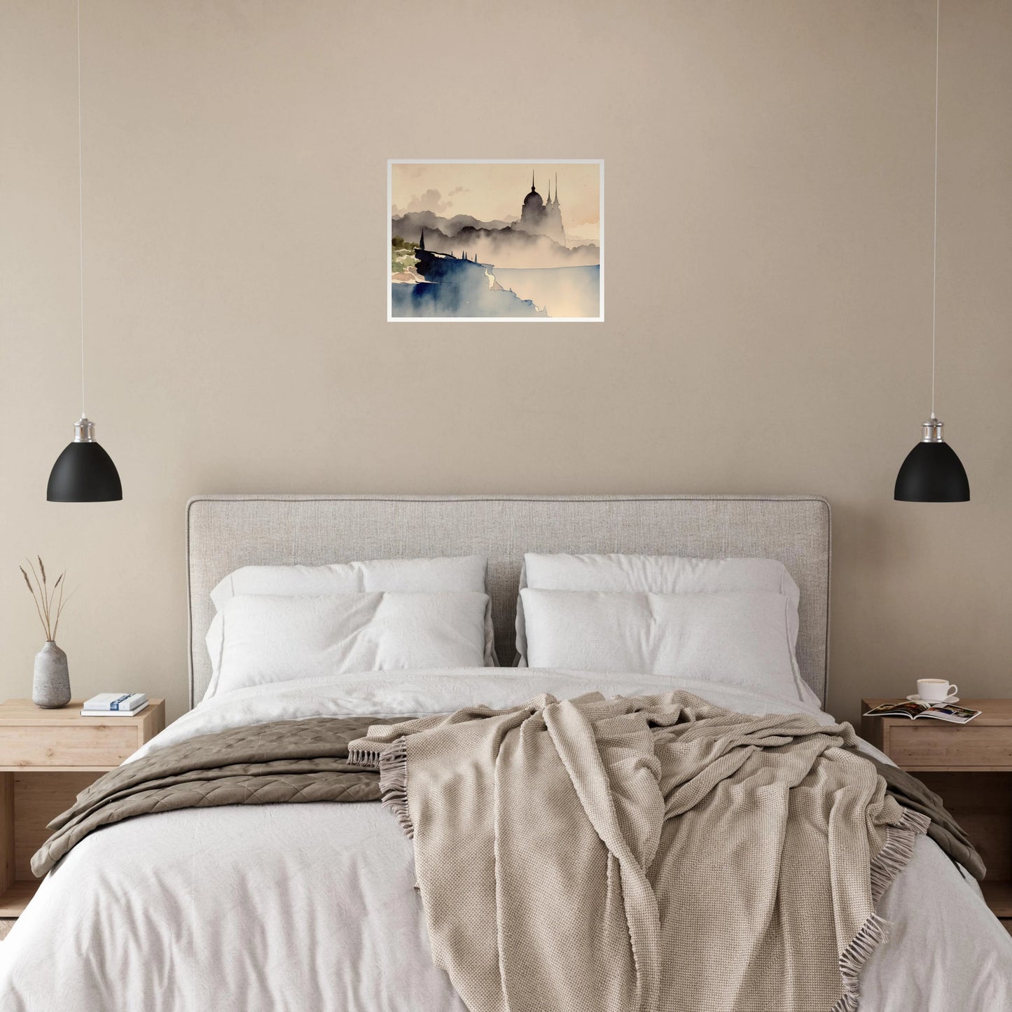 Dreamlike palace silhouette rising from misty hills and cliffs, with watercolor tones evoking mystery and distant lands.