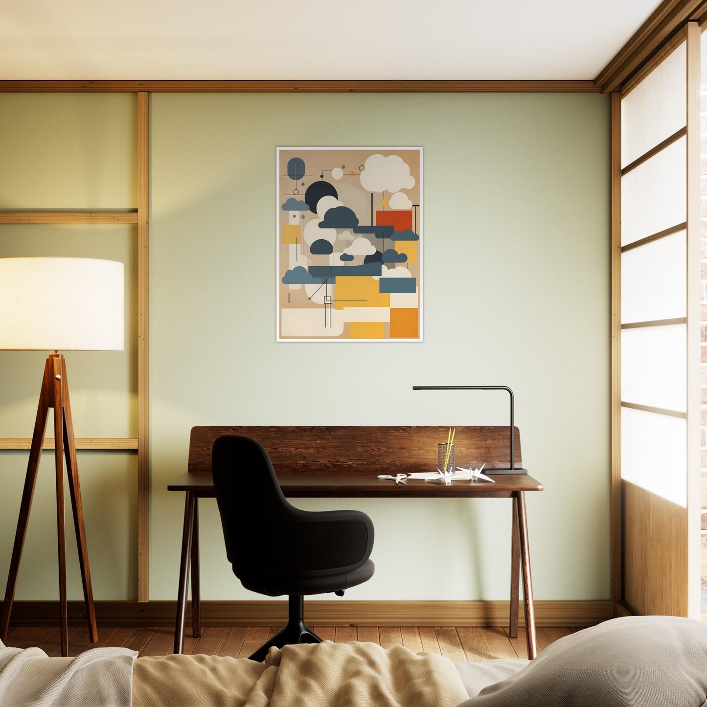 An abstract geometric artwork featuring stylized cloud shapes in white, gray, and blue, with rectangular blocks in yellow, beige, and red on a muted tan background.
