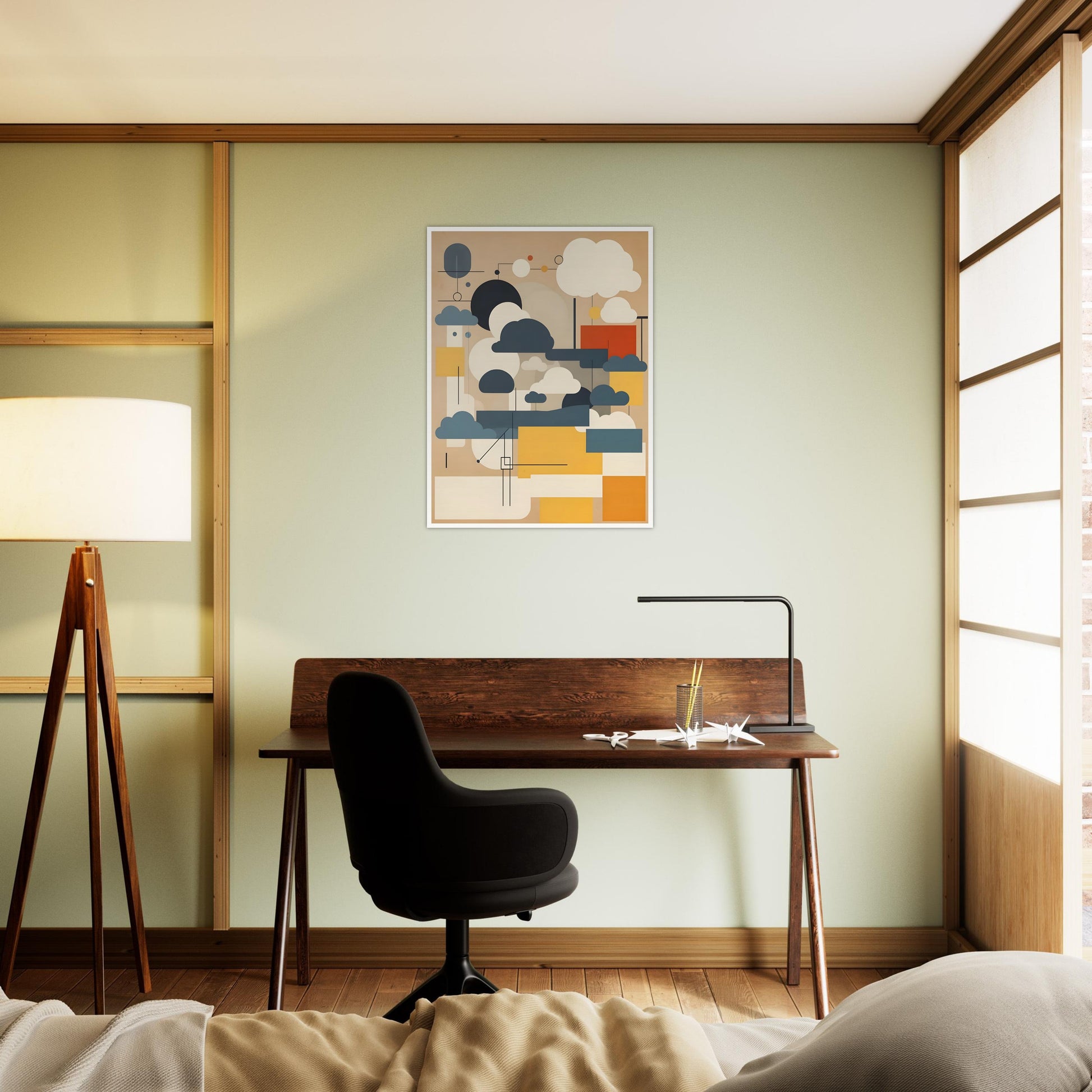 An abstract geometric artwork featuring stylized cloud shapes in white, gray, and blue, with rectangular blocks in yellow, beige, and red on a muted tan background.