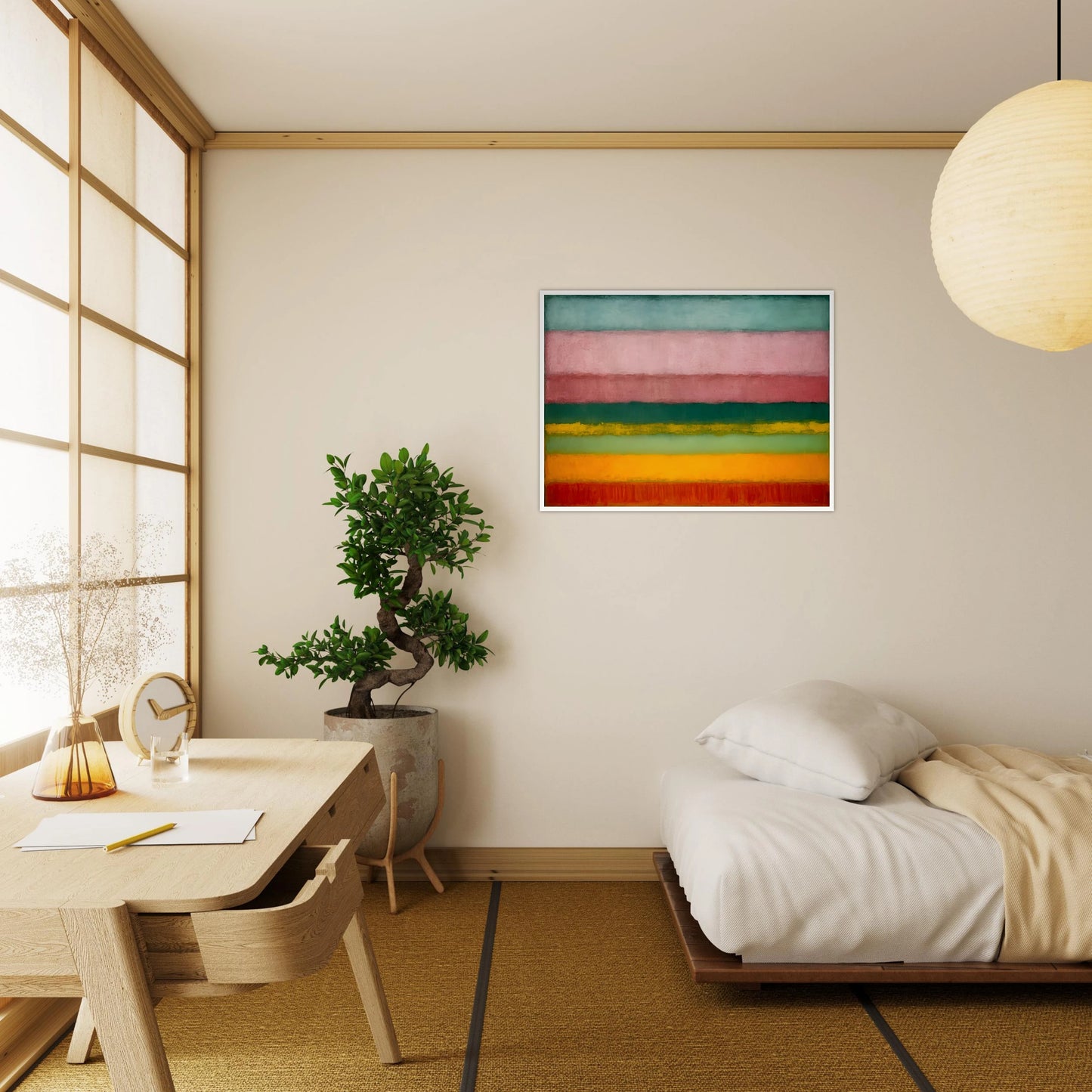 A minimalist painting of horizontal color bands fading softly from one to another in pink, green, yellow, and red tones.