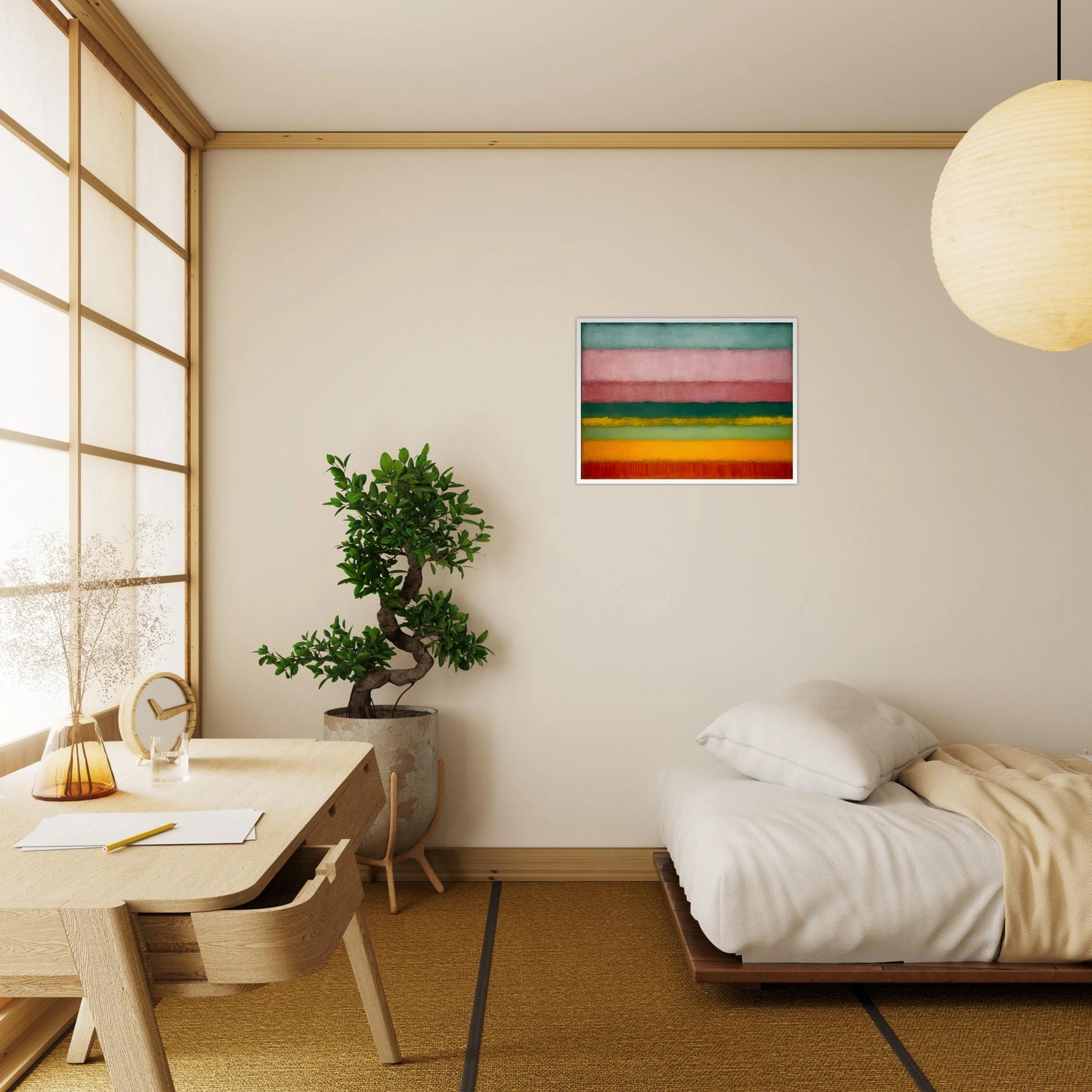 A minimalist painting of horizontal color bands fading softly from one to another in pink, green, yellow, and red tones.
