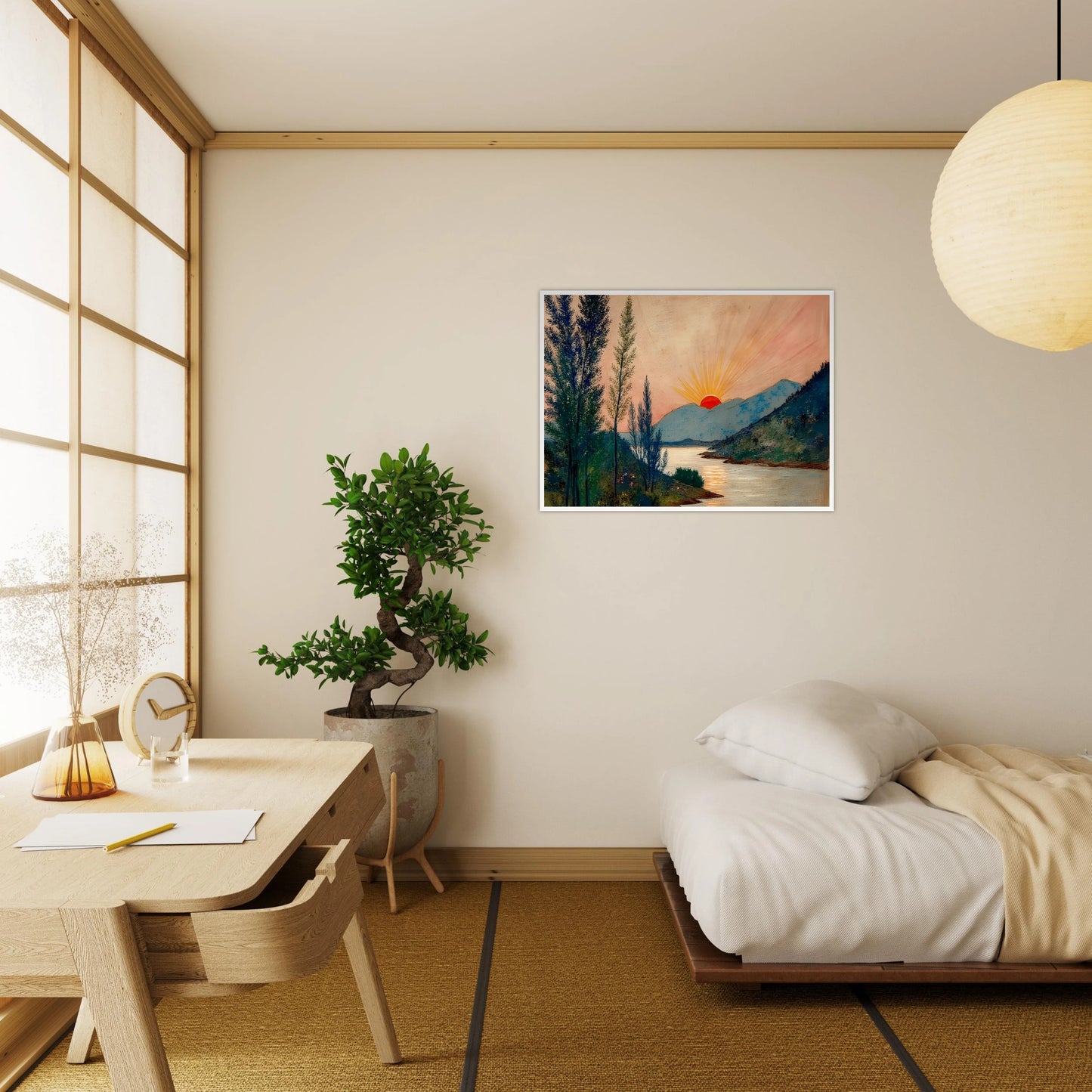 A vivid sunrise glows over misty mountains and a calm river, framed by tall trees and soft pastel skies.