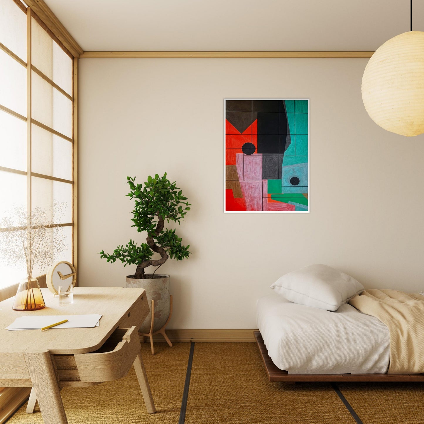 A striking geometric artwork featuring overlapping shapes in shades of red, black, pink, and teal, creating a structured abstract composition.