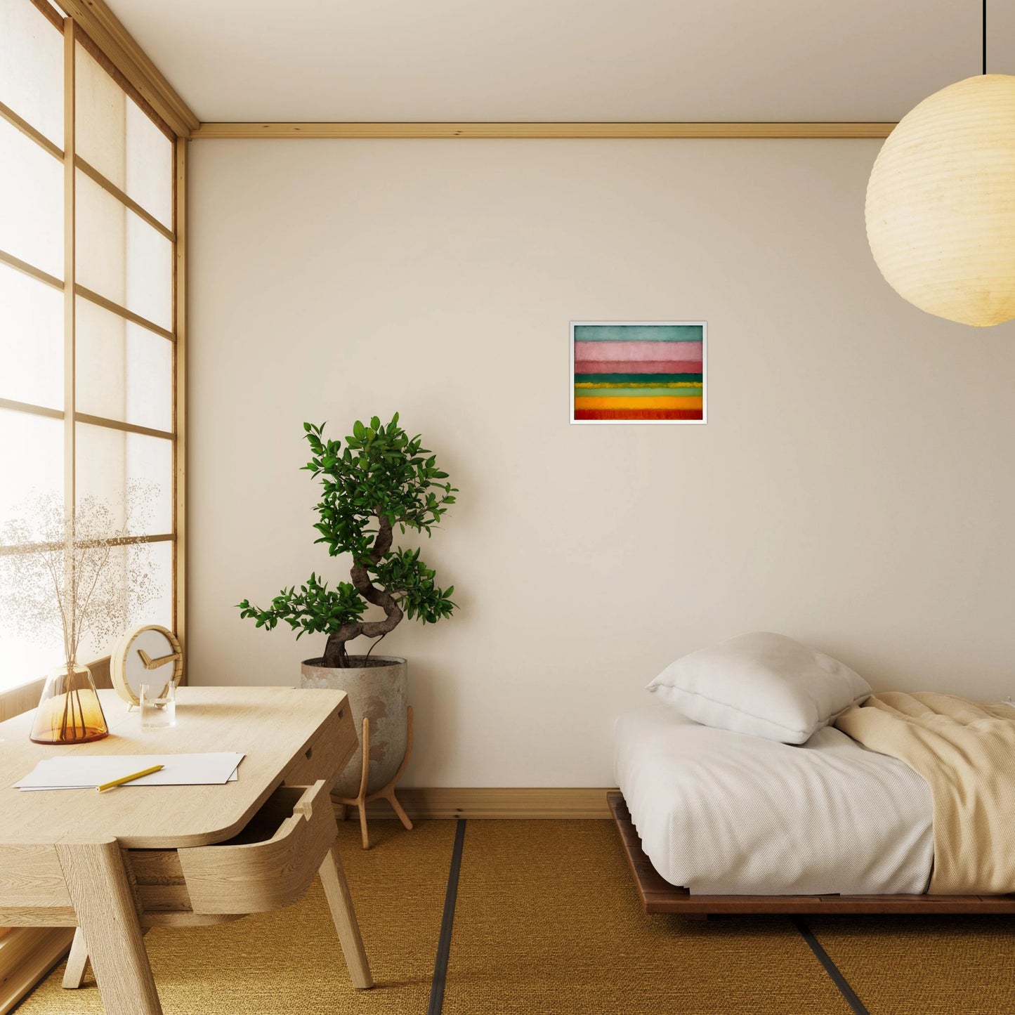 A minimalist painting of horizontal color bands fading softly from one to another in pink, green, yellow, and red tones.