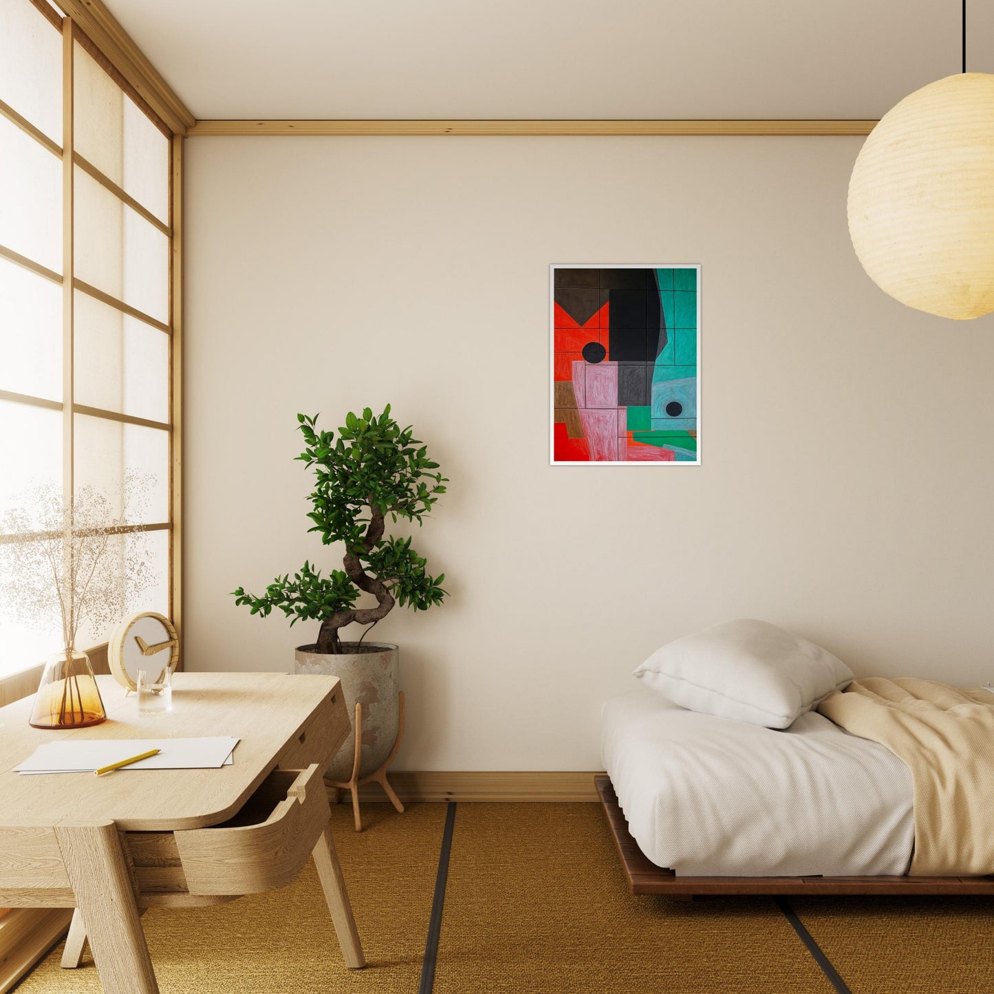 A striking geometric artwork featuring overlapping shapes in shades of red, black, pink, and teal, creating a structured abstract composition.