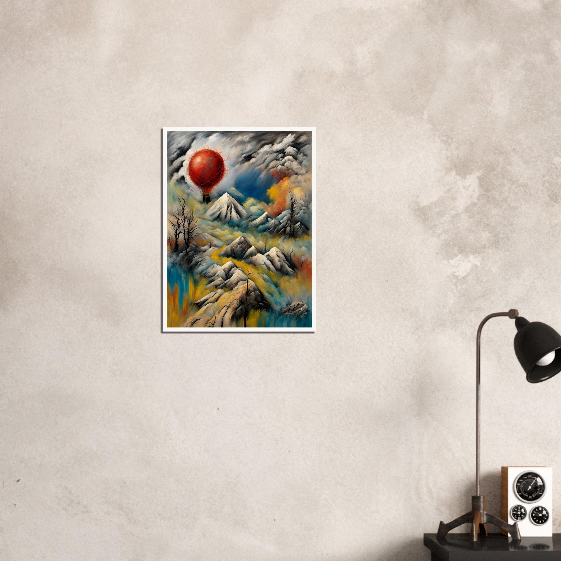 A surreal landscape featuring snow-capped mountains, swirling clouds, and a glowing red hot air balloon floating amidst dramatic skies.