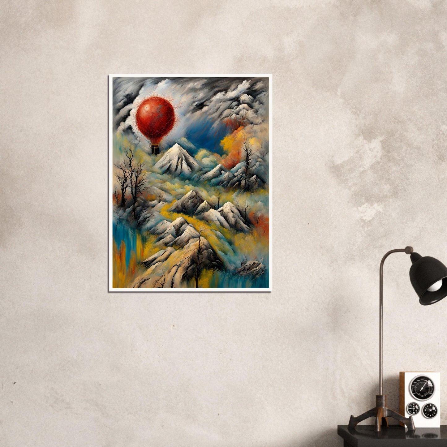 A surreal landscape featuring snow-capped mountains, swirling clouds, and a glowing red hot air balloon floating amidst dramatic skies.