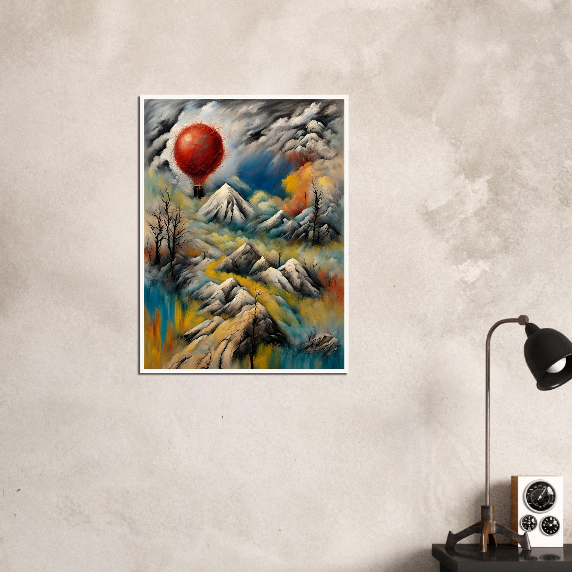A surreal landscape featuring snow-capped mountains, swirling clouds, and a glowing red hot air balloon floating amidst dramatic skies.