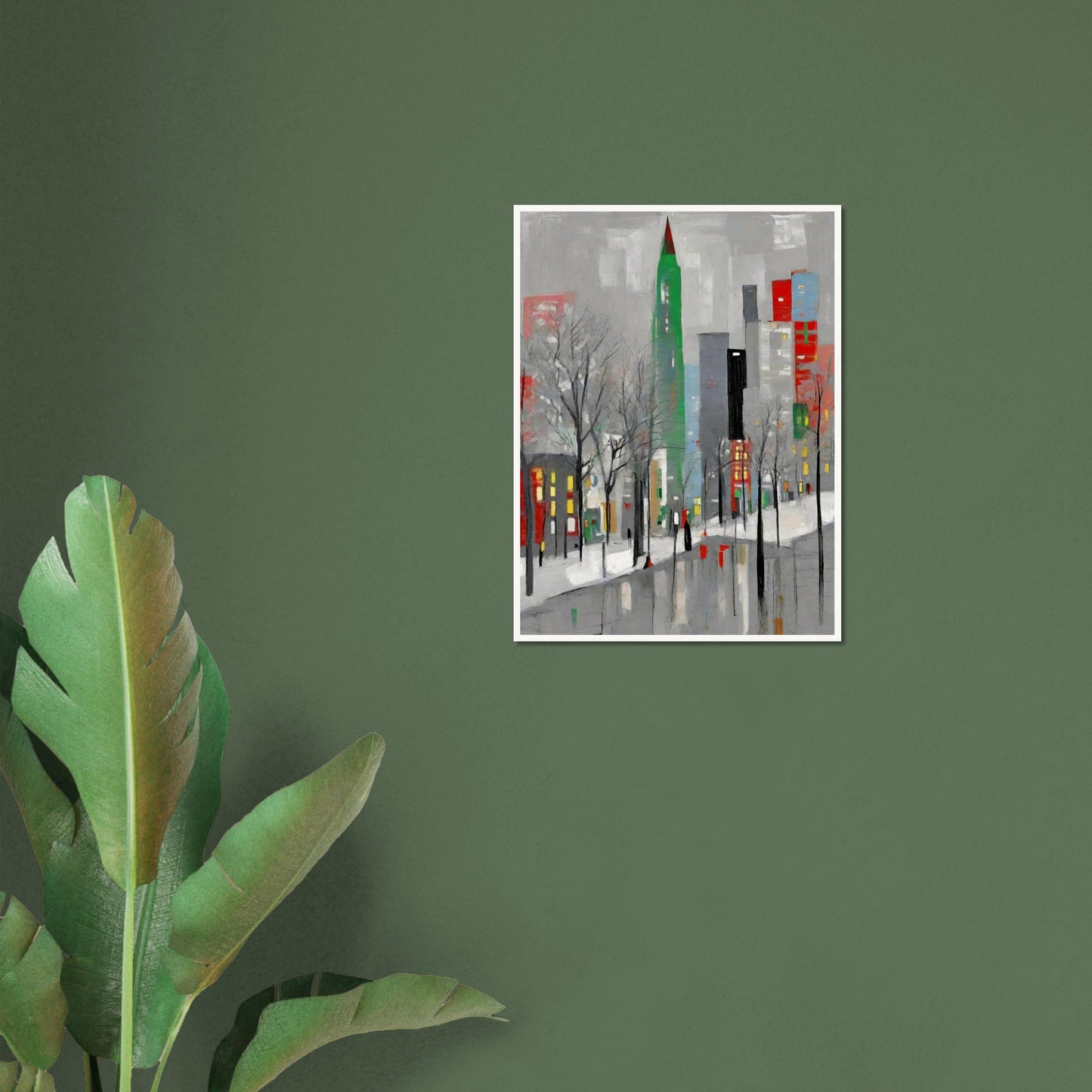 A modern winter cityscape featuring tall buildings in muted tones with pops of red and green, leafless trees, and snow-covered streets.