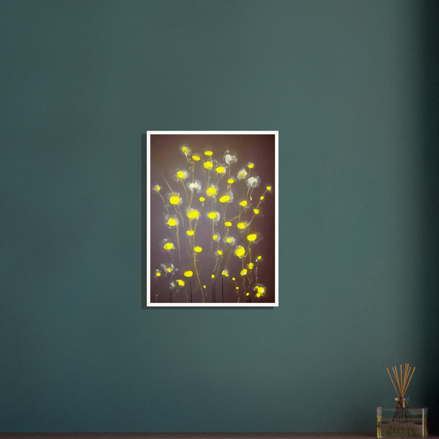 A minimalist painting featuring glowing yellow flowers with soft, translucent petals on a muted gray background, exuding a serene elegance.