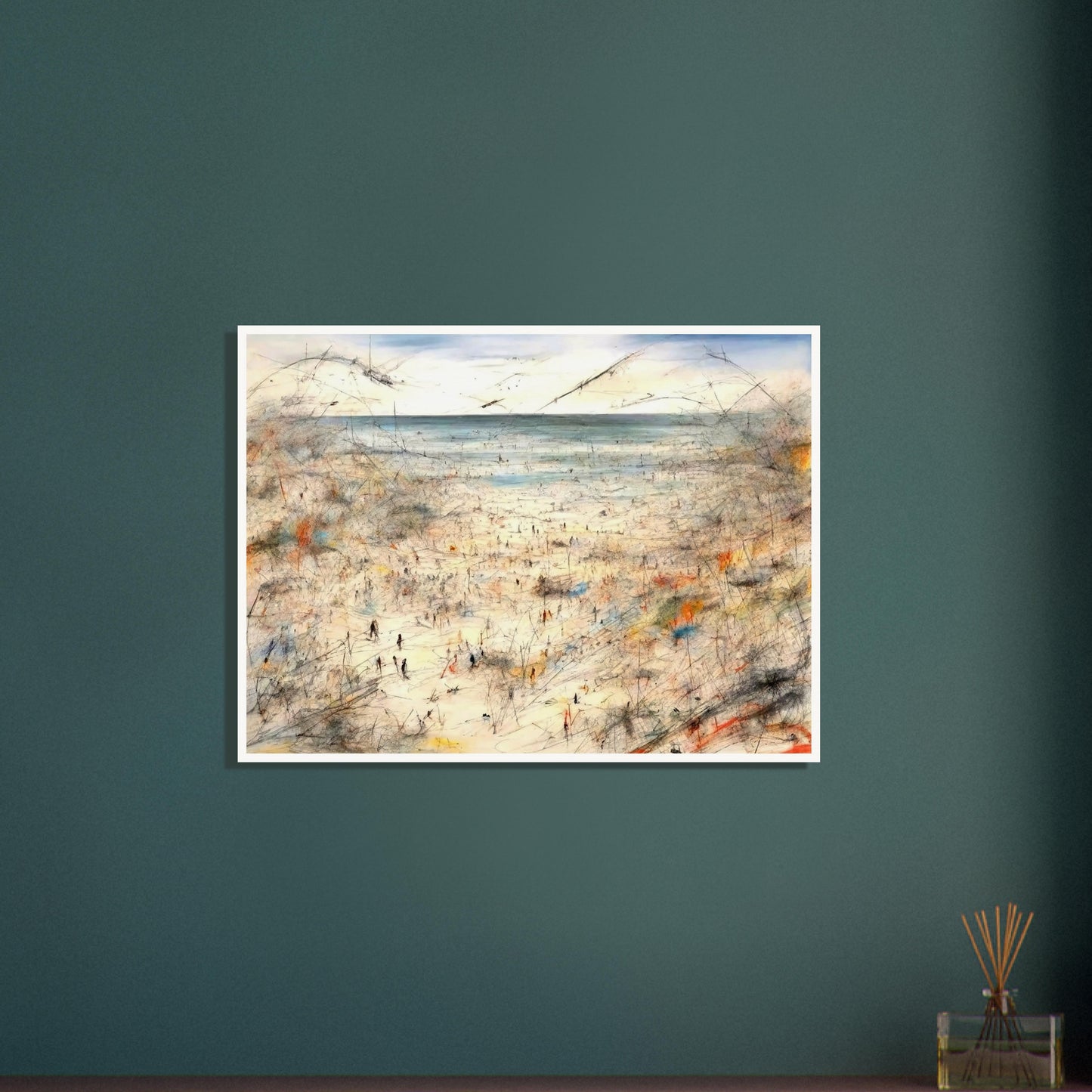 "A dynamic beach scene with hundreds of tiny figures drawn in thin, colorful strokes, blending into a textured and abstract seascape."