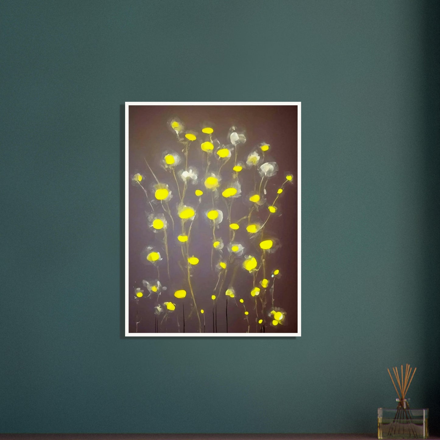 A minimalist painting featuring glowing yellow flowers with soft, translucent petals on a muted gray background, exuding a serene elegance.