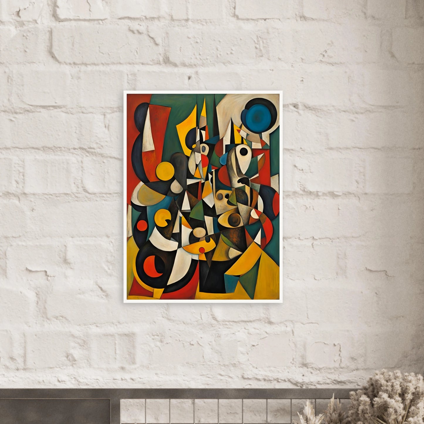 A vivid cubist-inspired painting with fragmented shapes, bold colors, and layered geometric forms that evoke human silhouettes and movement.