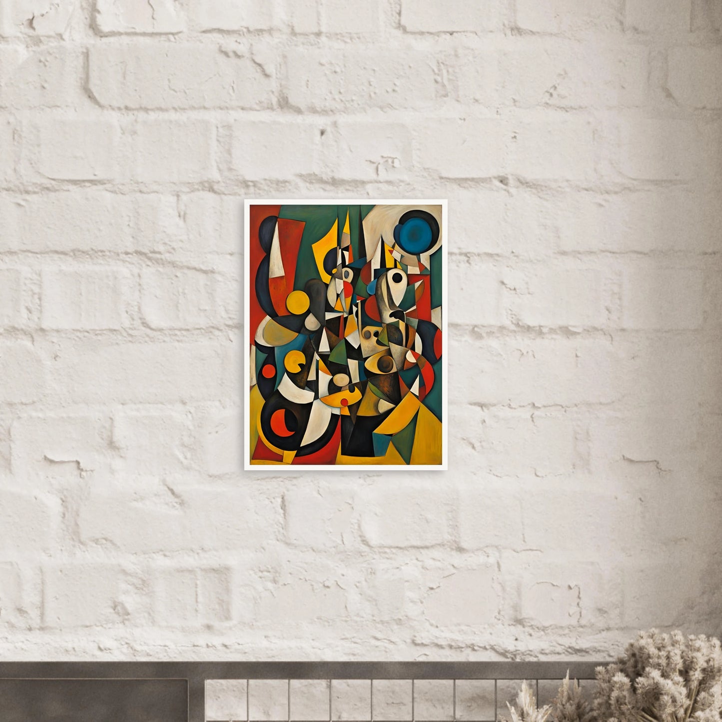 A vivid cubist-inspired painting with fragmented shapes, bold colors, and layered geometric forms that evoke human silhouettes and movement.