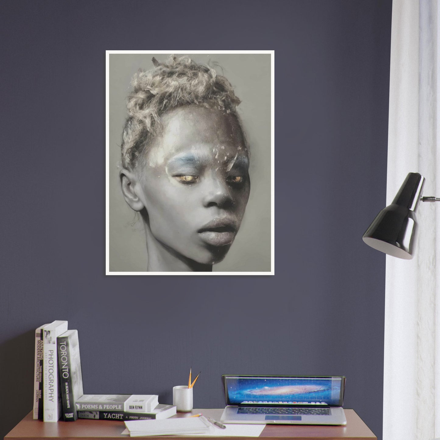 A powerful and ethereal portrait of a person with textured skin, golden eyes, and silvery hair, blending realism and surrealism to create a captivating and otherworldly appearance.
