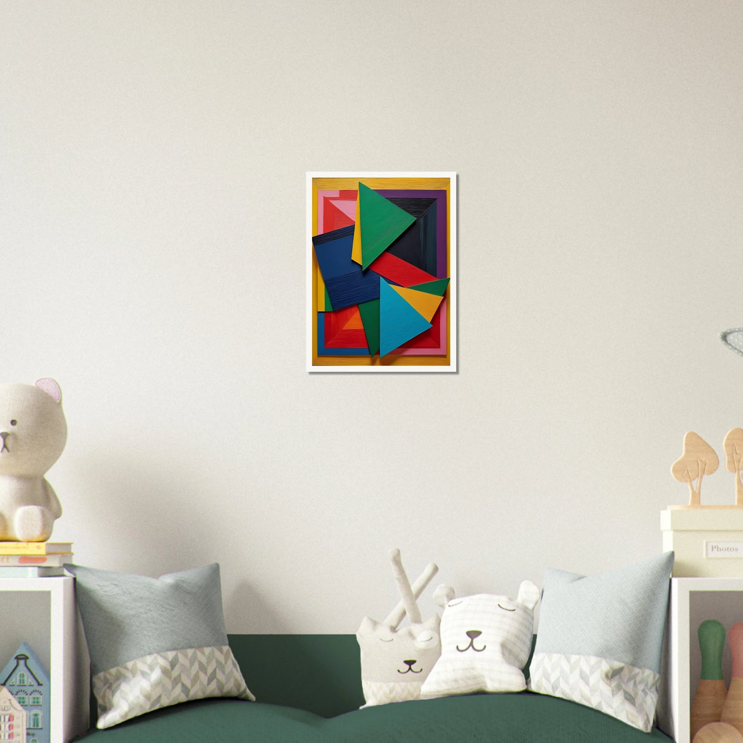 A vibrant arrangement of layered geometric triangles and rectangles in bold, textured colors on a yellow-framed background.