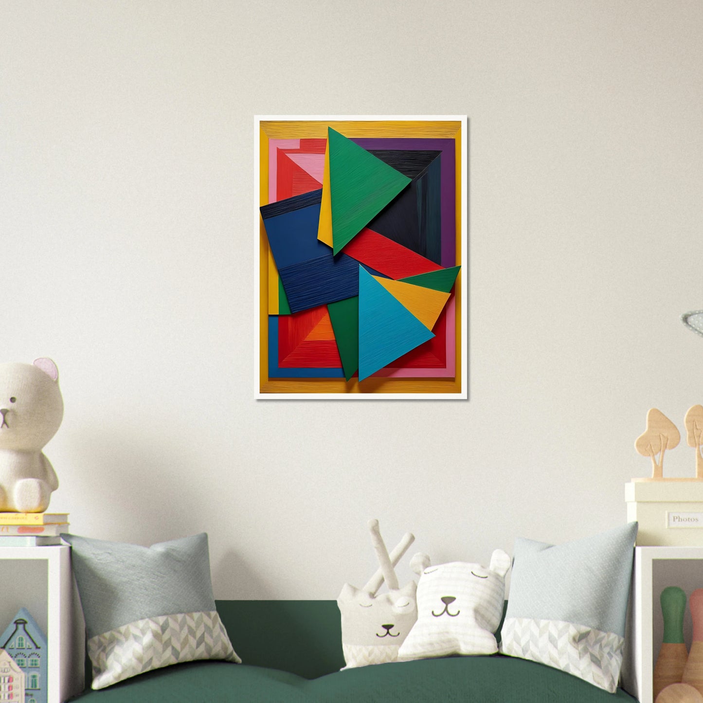 A vibrant arrangement of layered geometric triangles and rectangles in bold, textured colors on a yellow-framed background.