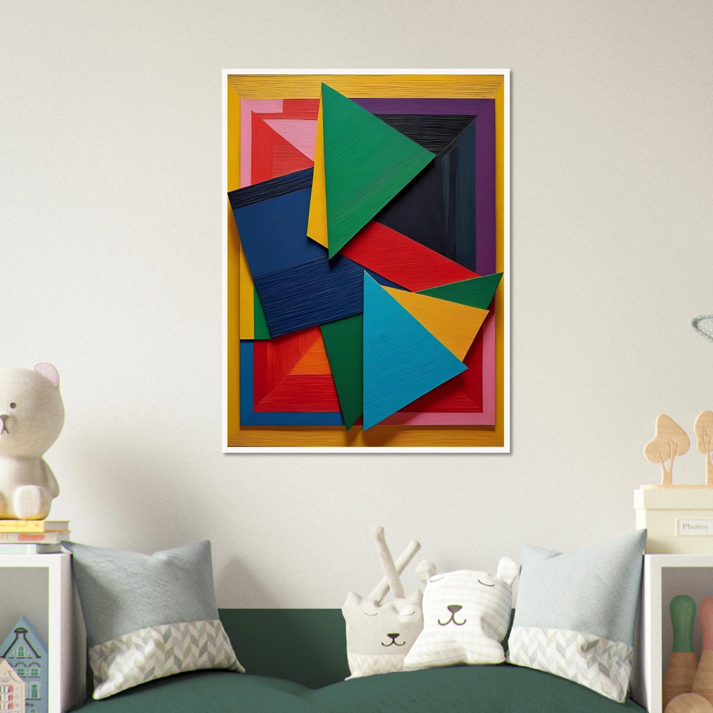 A vibrant arrangement of layered geometric triangles and rectangles in bold, textured colors on a yellow-framed background.