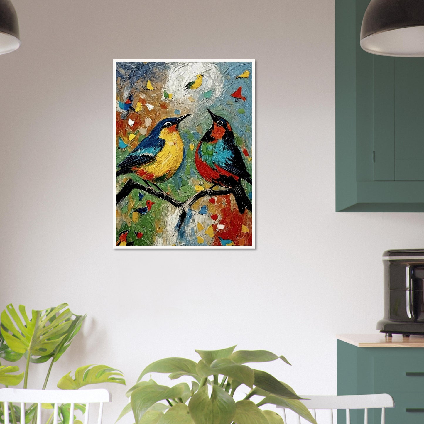 A vibrant painting of two colorful birds, one yellow and blue and the other red and green, perched on branches with a lively background of bright textures and small birds in flight.