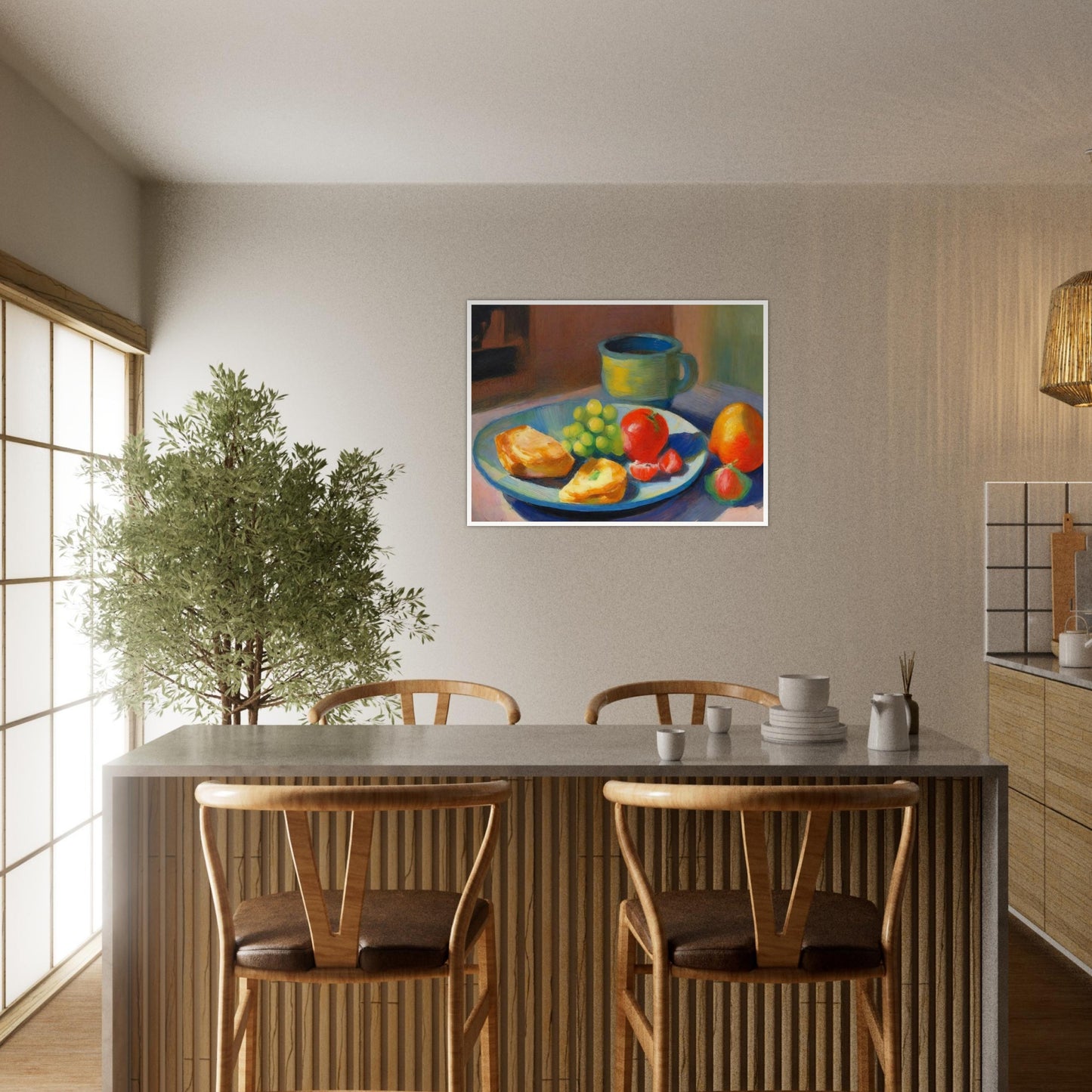 A still life painting featuring a breakfast plate with grapes, bread, and fruit beside a ceramic mug, bathed in soft morning light.