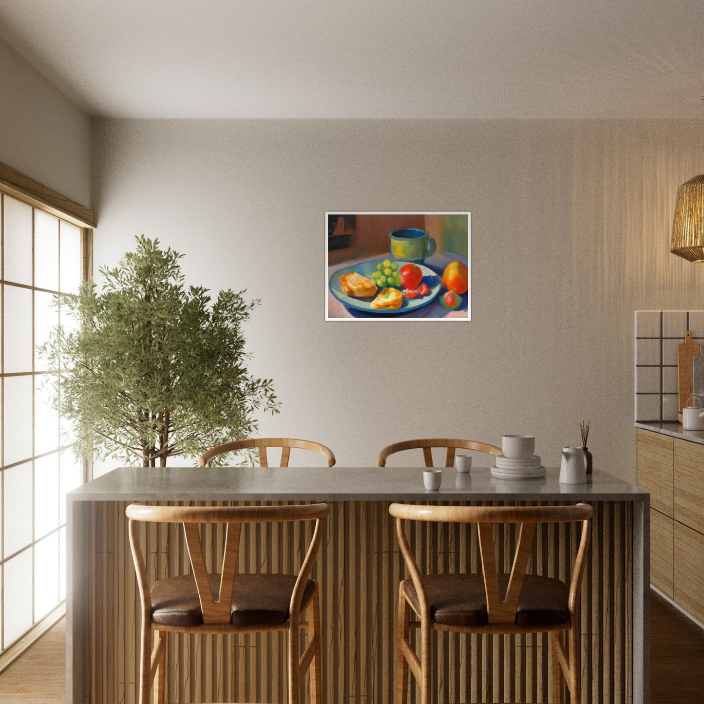 A still life painting featuring a breakfast plate with grapes, bread, and fruit beside a ceramic mug, bathed in soft morning light.