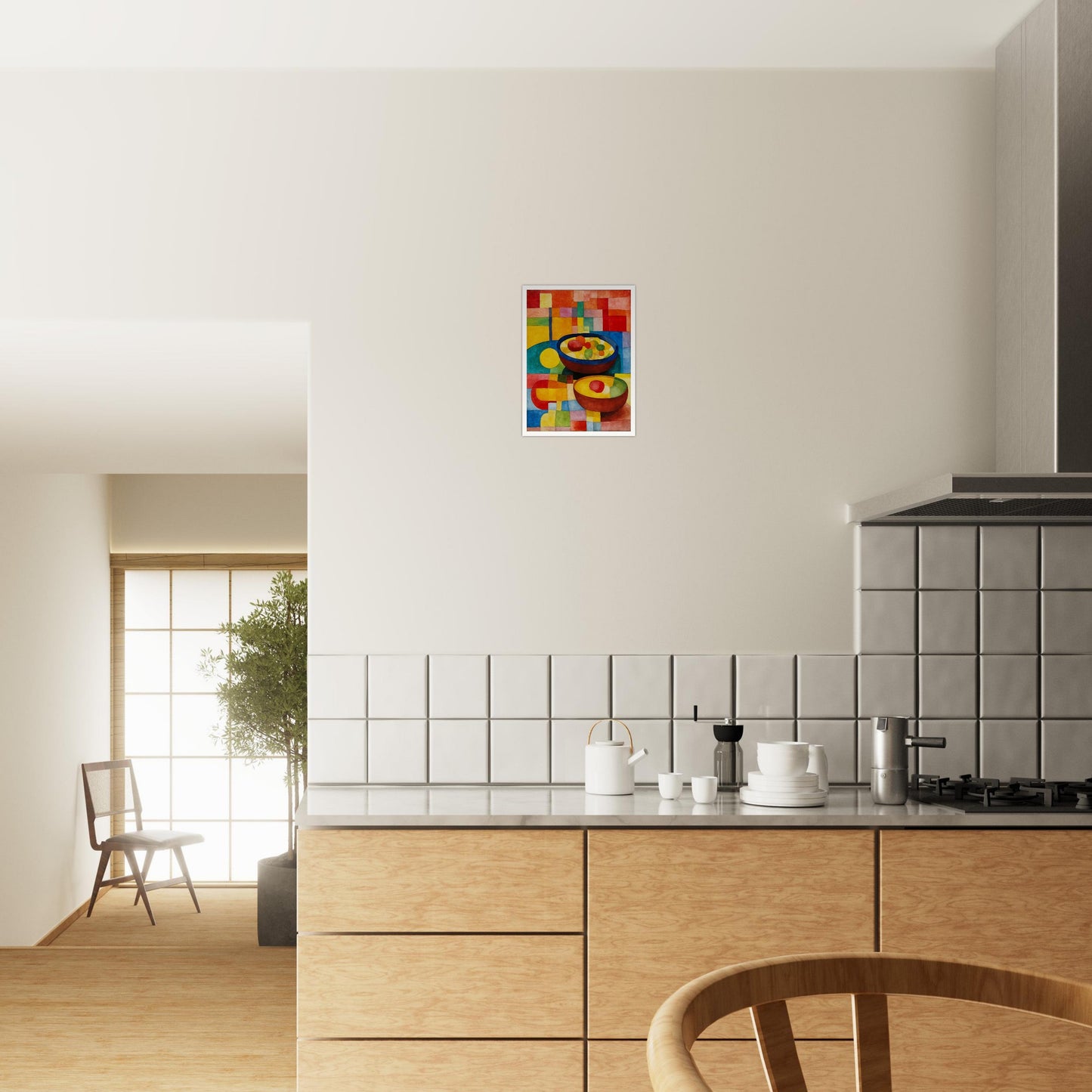 Brightly colored bowls filled with vibrant fruits rest on a multicolored geometric surface, surrounded by warm and cool hues in a mosaic style.