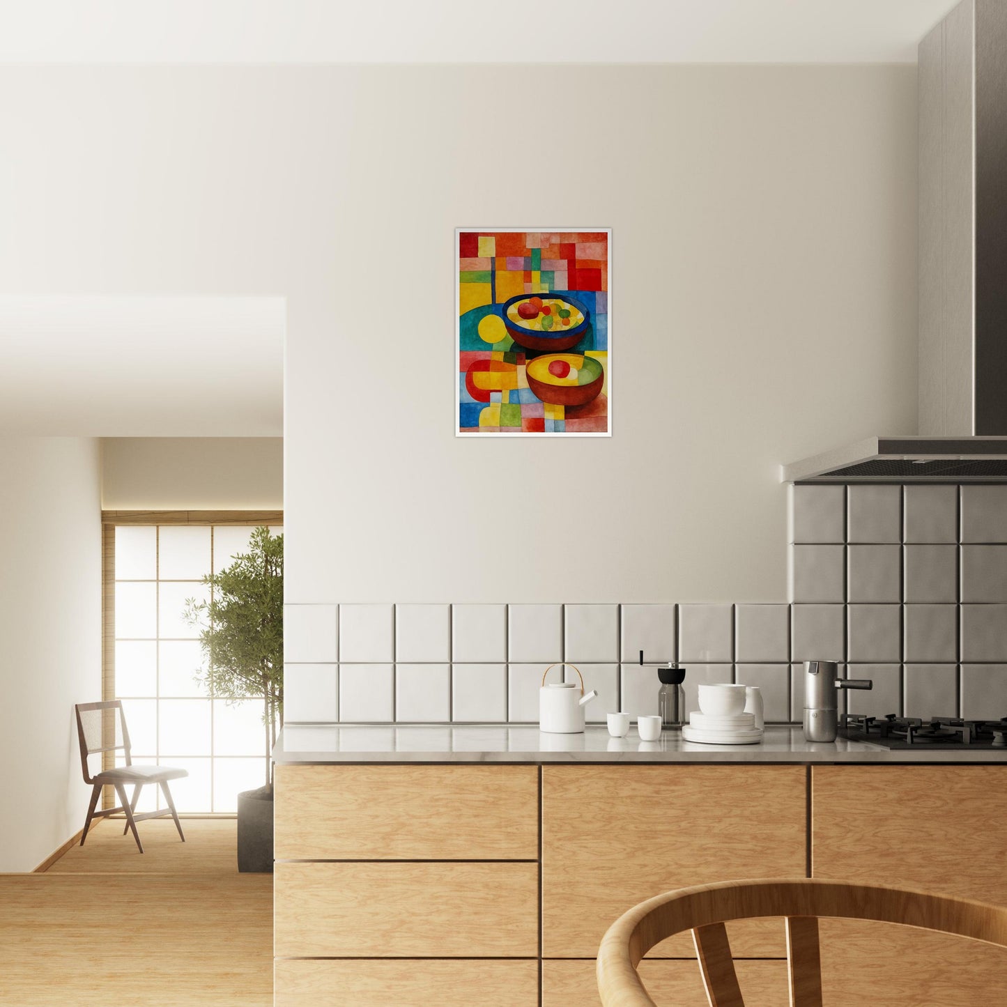 Brightly colored bowls filled with vibrant fruits rest on a multicolored geometric surface, surrounded by warm and cool hues in a mosaic style.