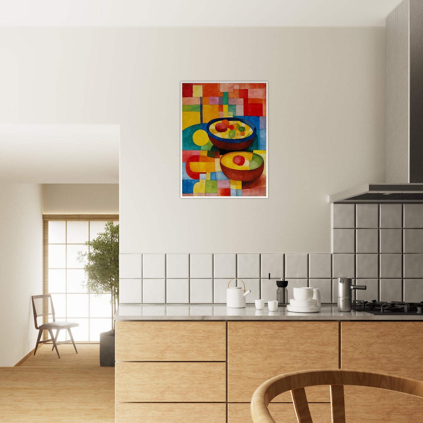 Brightly colored bowls filled with vibrant fruits rest on a multicolored geometric surface, surrounded by warm and cool hues in a mosaic style.