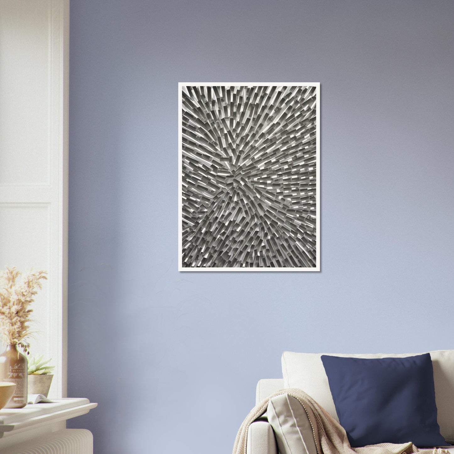 An abstract monochromatic artwork featuring a dynamic arrangement of geometric rectangular blocks radiating outward in a burst-like pattern.