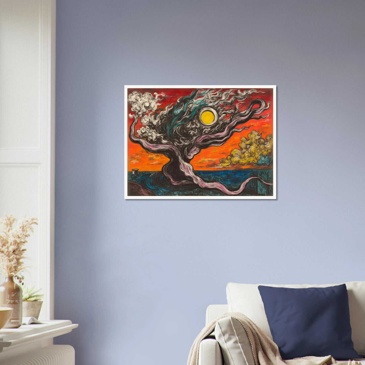 A surreal tree with smoky limbs stretches beneath a fiery orange sky and sun, near a vivid blue sea and yellow clouds.