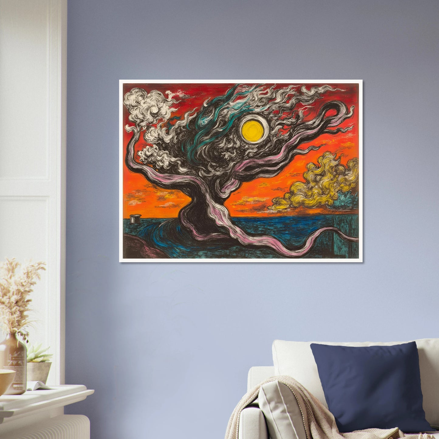 A surreal tree with smoky limbs stretches beneath a fiery orange sky and sun, near a vivid blue sea and yellow clouds.