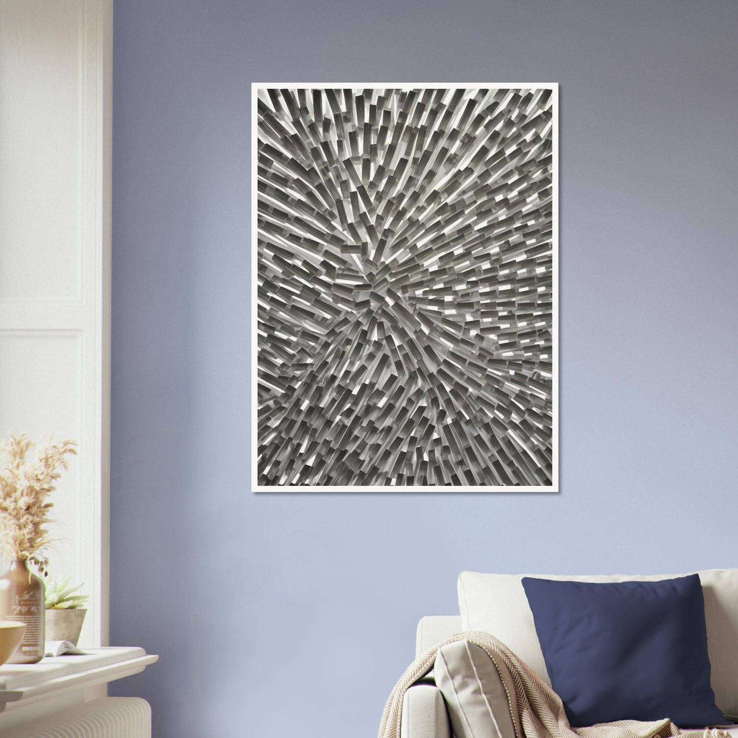 An abstract monochromatic artwork featuring a dynamic arrangement of geometric rectangular blocks radiating outward in a burst-like pattern.