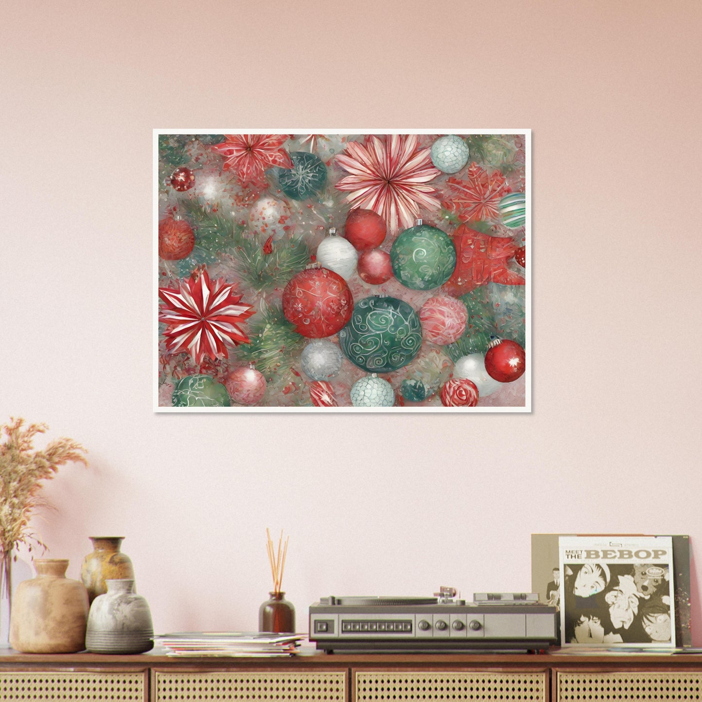 A vibrant festive artwork featuring red, green, and white Christmas ornaments, delicate floral patterns, and evergreen branches, evoking holiday cheer.