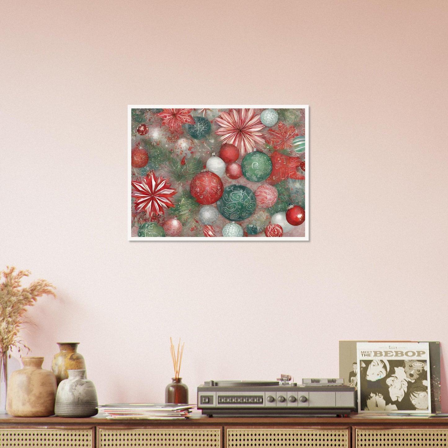 A vibrant festive artwork featuring red, green, and white Christmas ornaments, delicate floral patterns, and evergreen branches, evoking holiday cheer.
