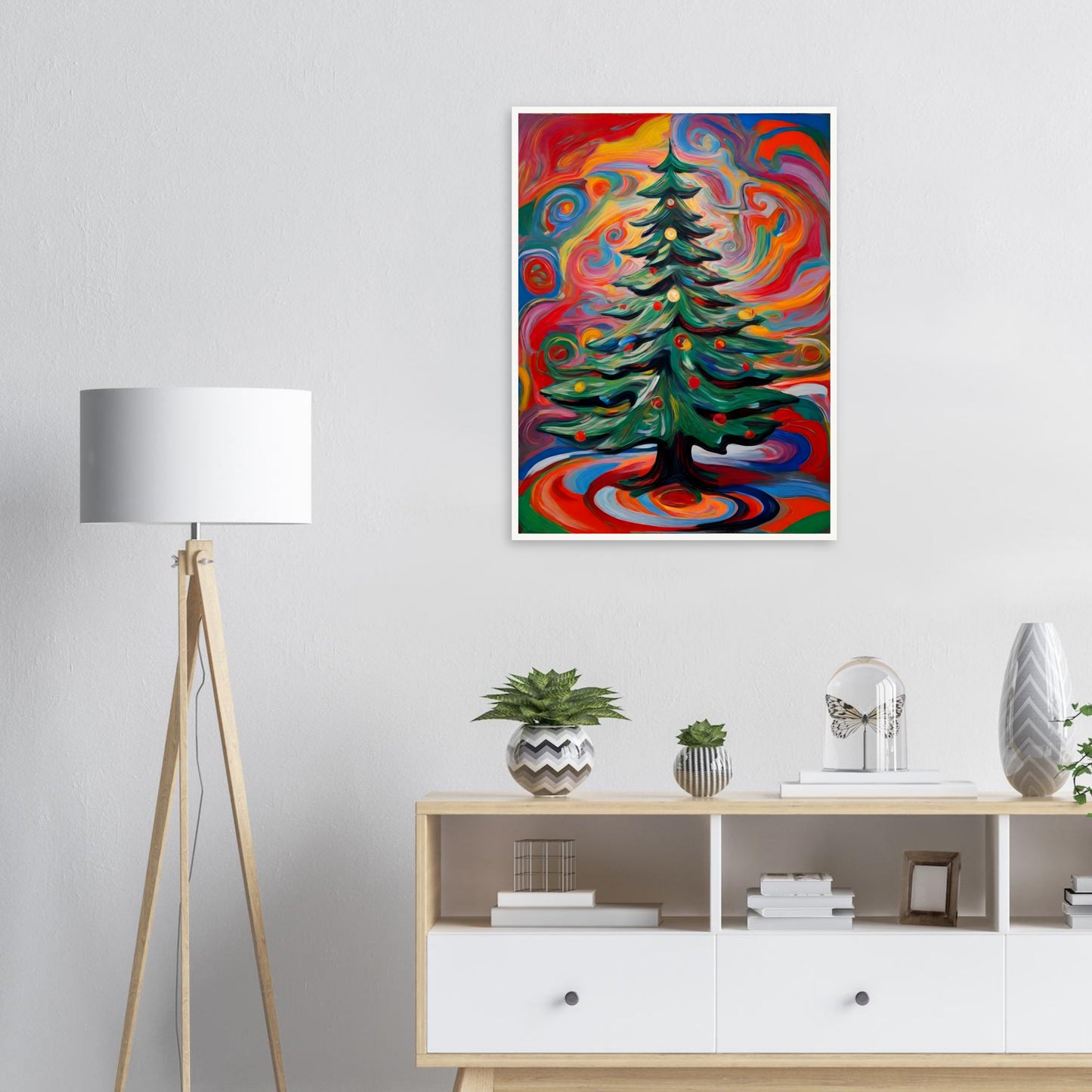 A vivid painting of a decorated Christmas tree surrounded by colorful, swirling patterns in vibrant red, orange, green, and blue hues.