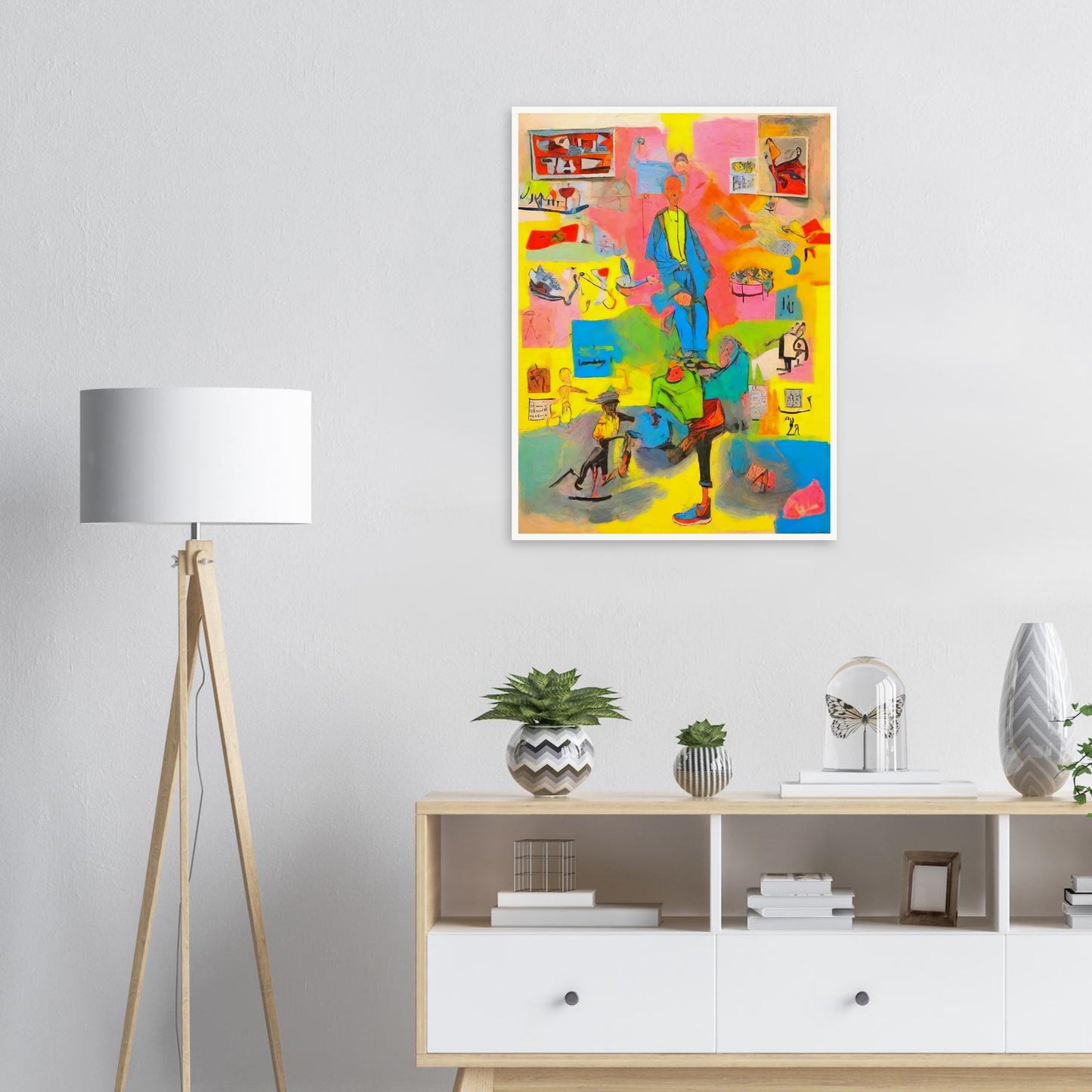 "An abstract painting with various figures, objects, and vibrant colors, portraying a chaotic yet lively scene full of energy and motion."