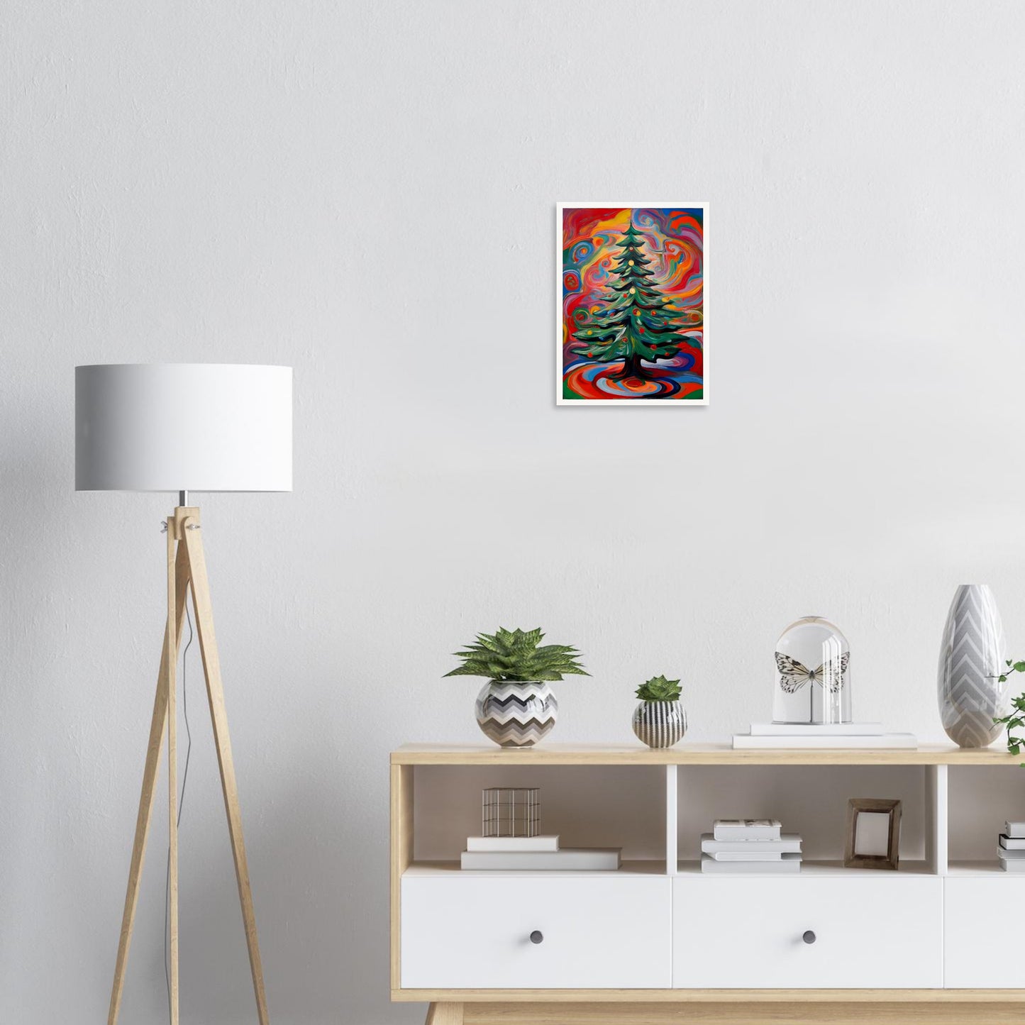 A vivid painting of a decorated Christmas tree surrounded by colorful, swirling patterns in vibrant red, orange, green, and blue hues.