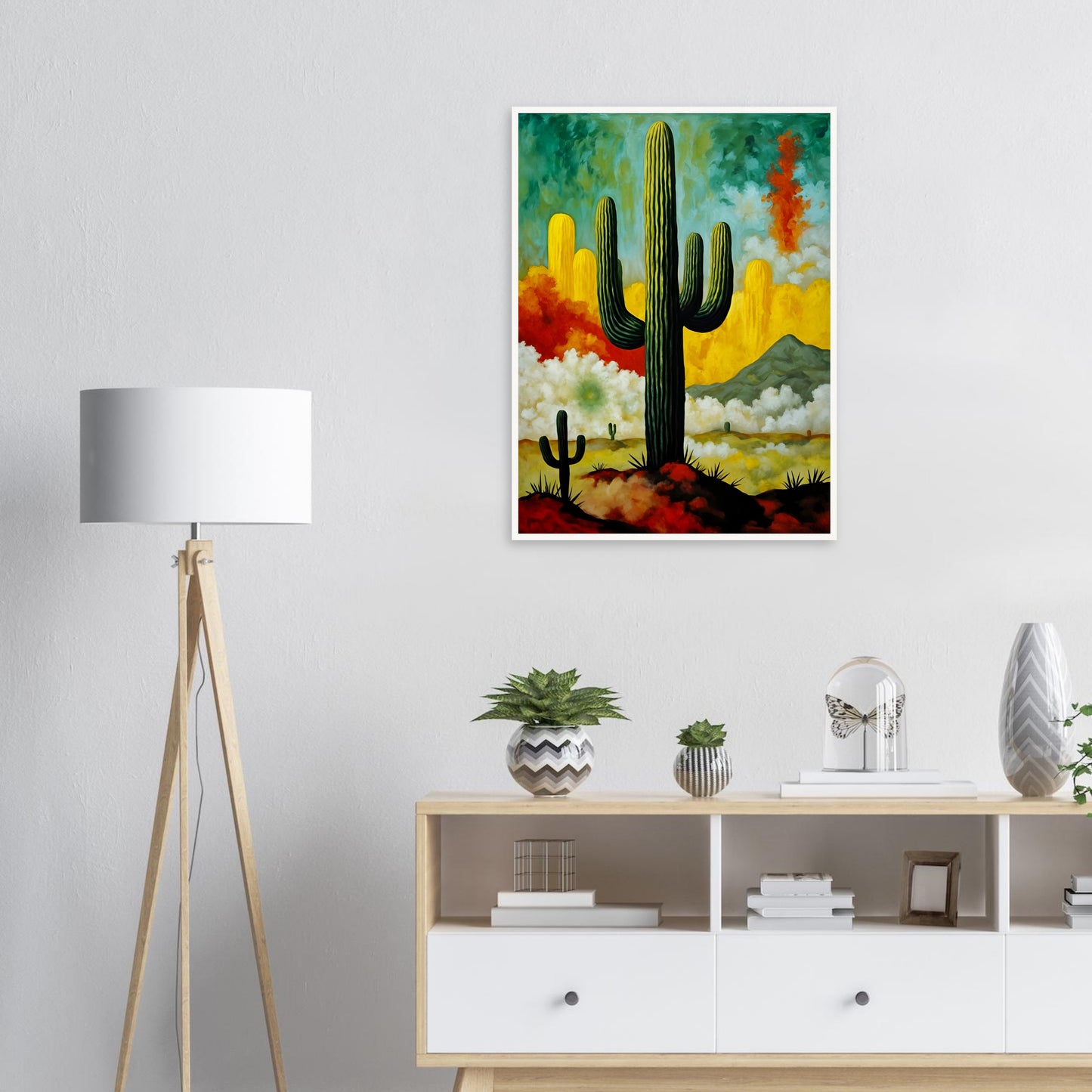 A striking painting of towering cacti set against a vivid desert sky, with swirling clouds, golden hues, and a distant mountain.