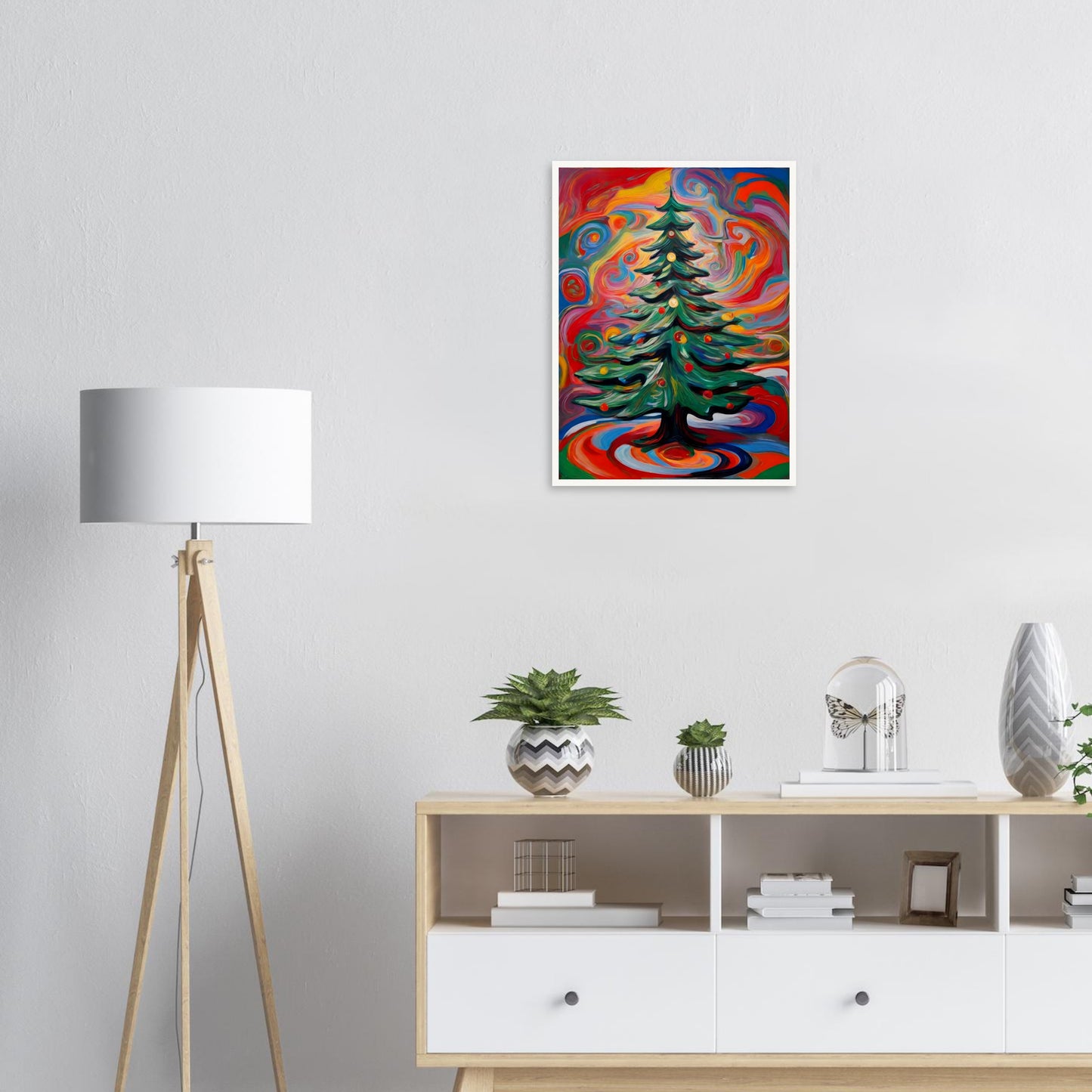 A vivid painting of a decorated Christmas tree surrounded by colorful, swirling patterns in vibrant red, orange, green, and blue hues.