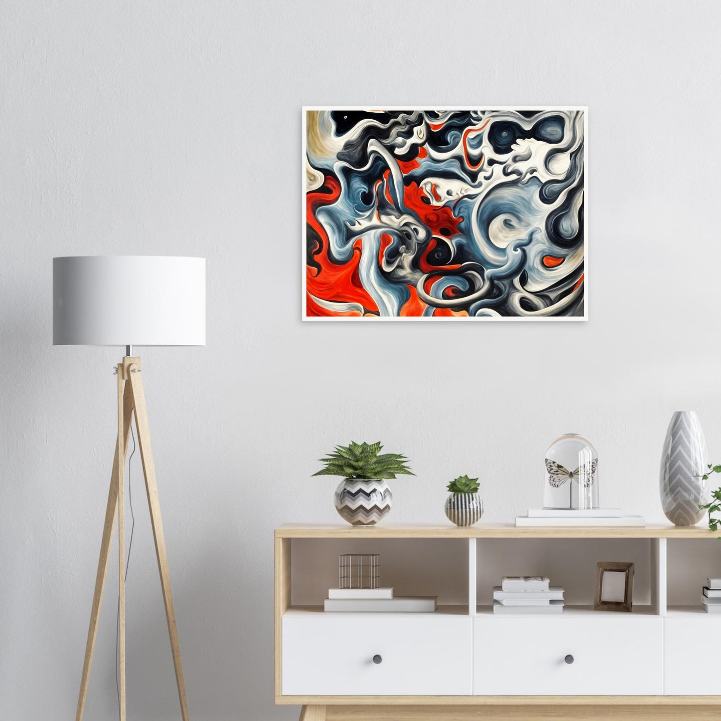 A mesmerizing swirl of red, black, and blue flowing together in a storm-like pattern, evoking a sense of movement and power.