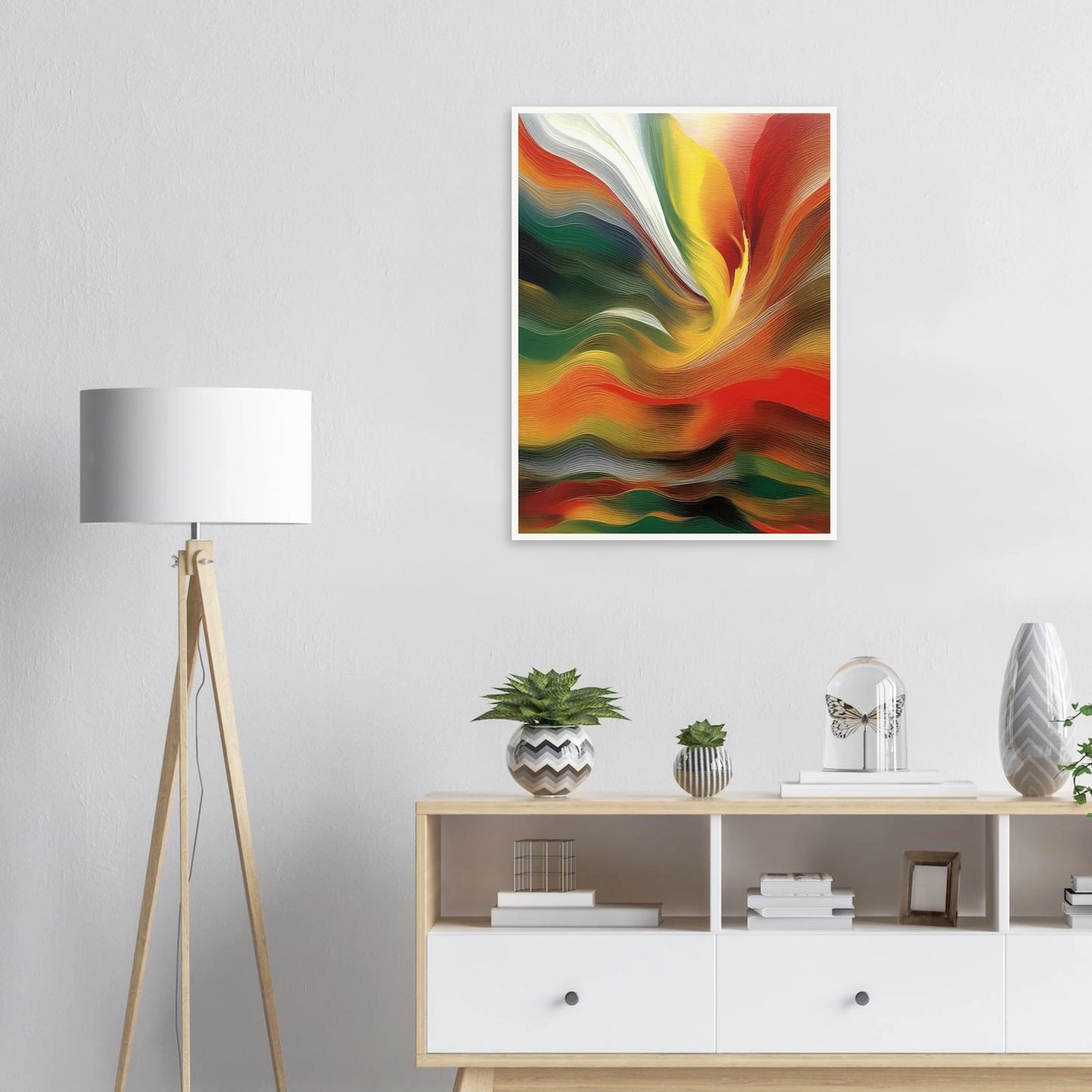 Swirling layers of red, green, gold, and white converge in a vivid, flowing motion that evokes fire and transformation.