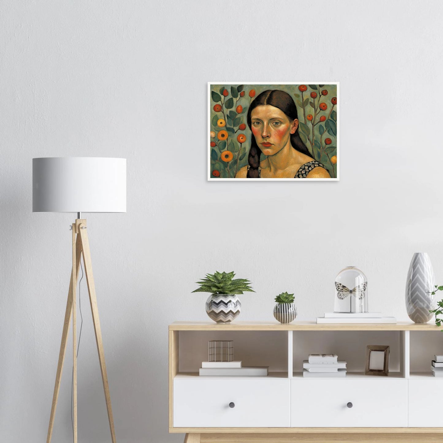A young woman with braided dark hair stares forward, framed by round orange fruit and green foliage against a soft background.
