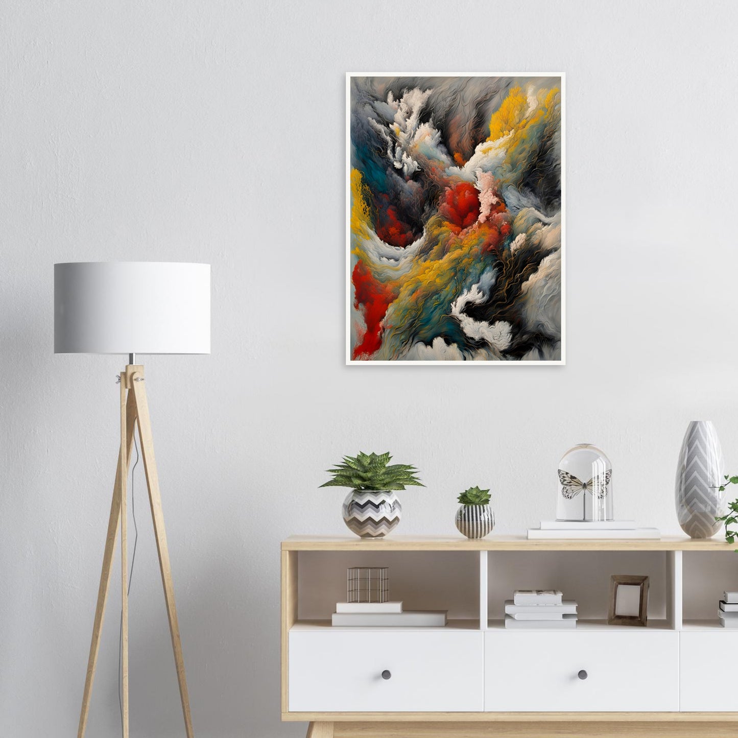 A dramatic painting depicting swirling clouds of smoke, fire, and mist with deep reds, golds, blues, and blacks, evoking a powerful elemental force.