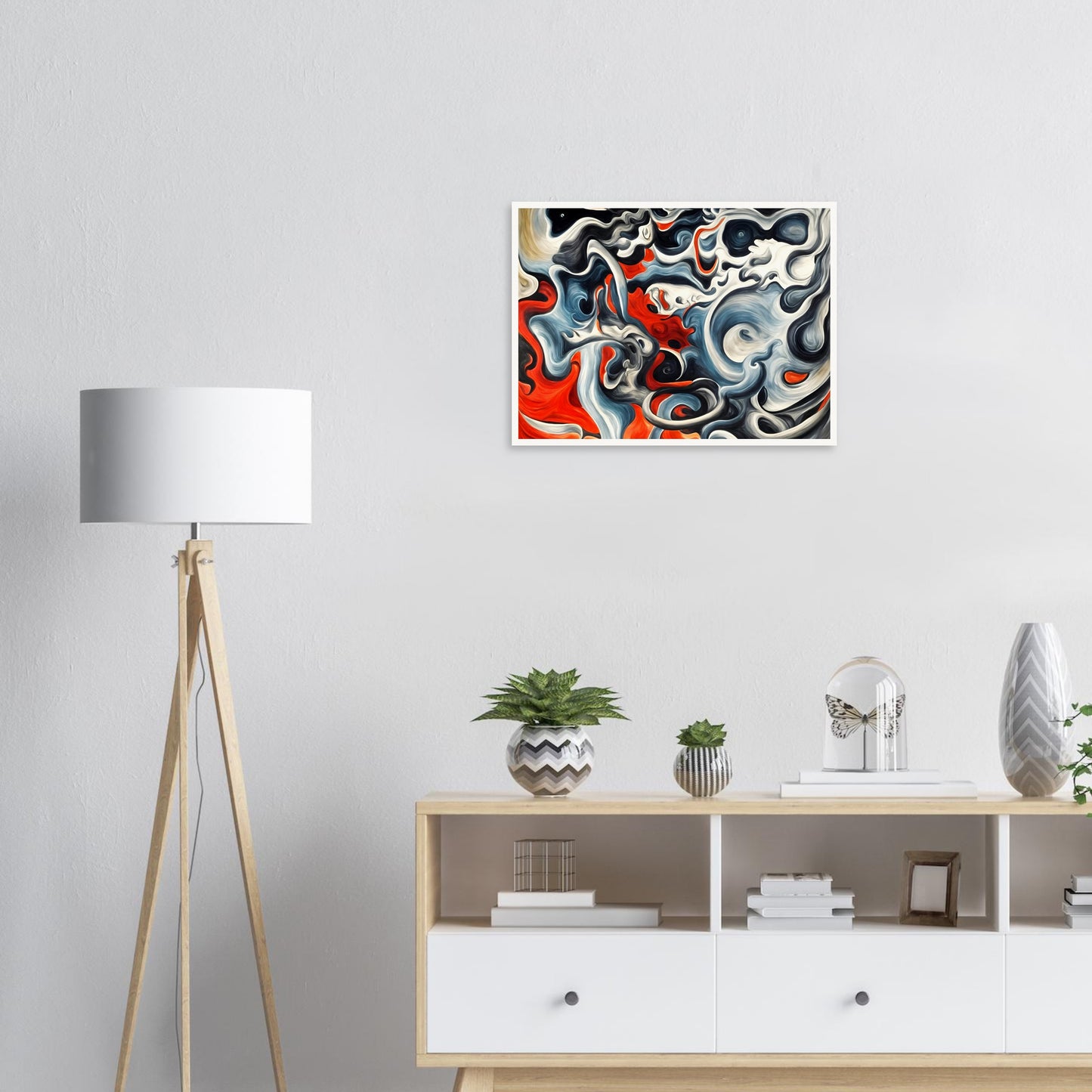A mesmerizing swirl of red, black, and blue flowing together in a storm-like pattern, evoking a sense of movement and power.