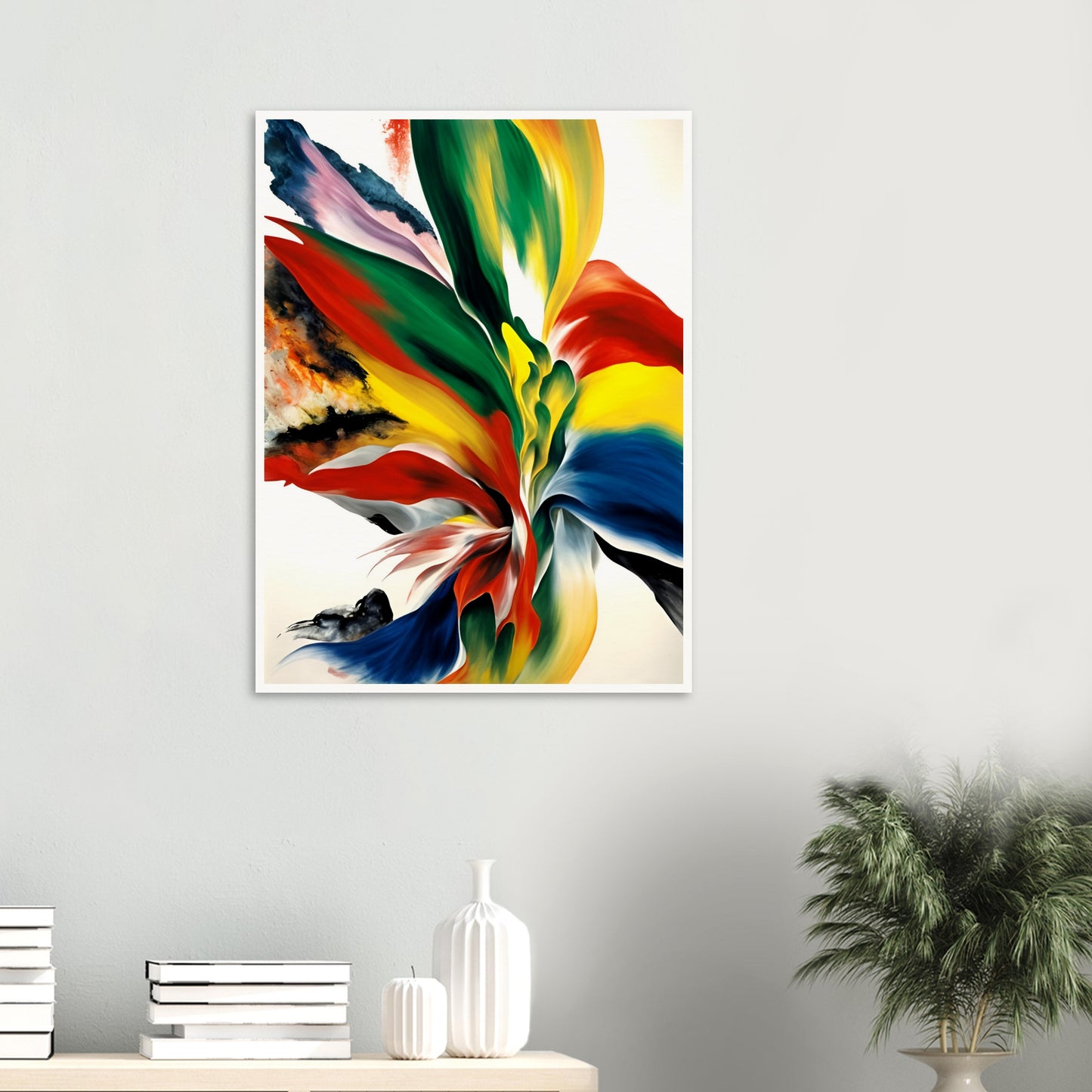A dynamic explosion of vivid reds, yellows, blues, and greens blending in fluid motion, resembling an ethereal floral bloom or flame.
