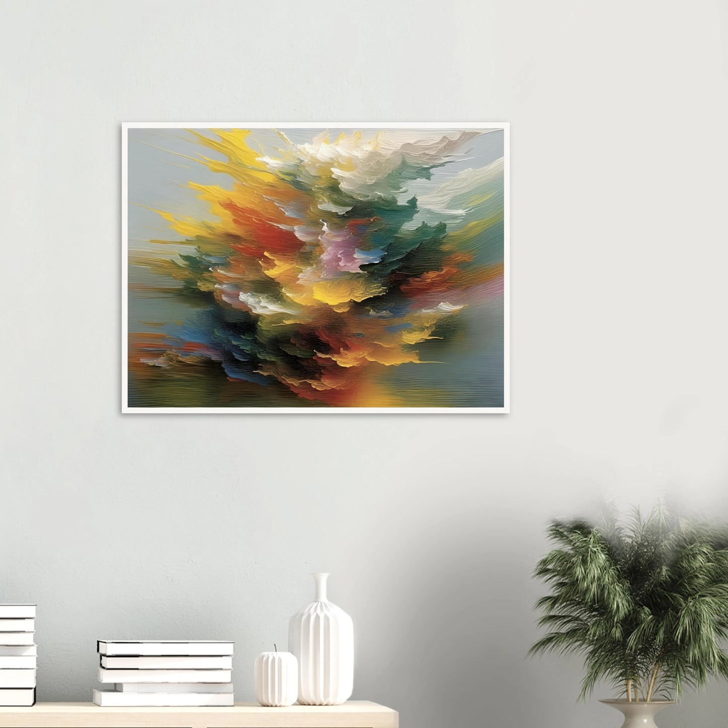 A swirling, radiant burst of multicolored abstract textures, resembling a cosmic explosion or floral cloud in motion.