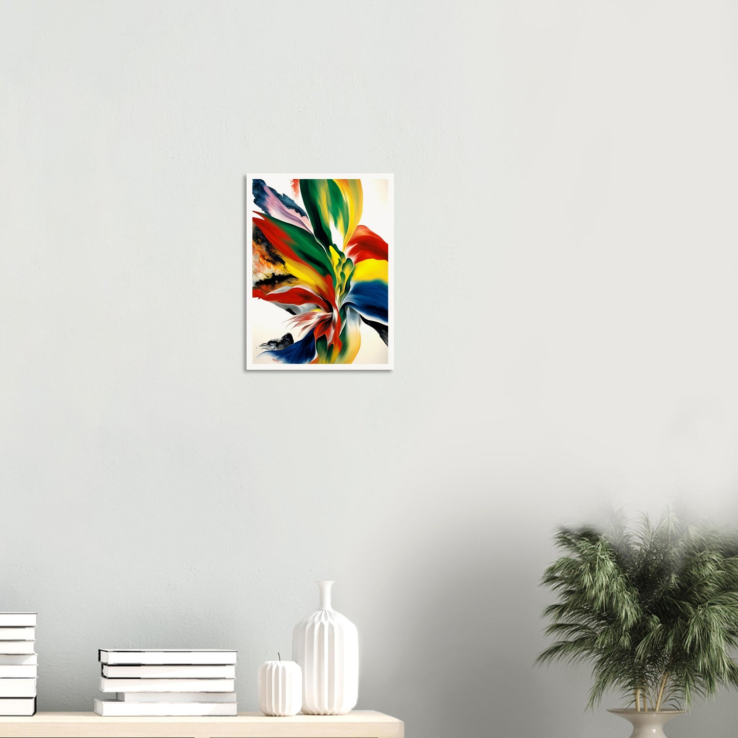 A dynamic explosion of vivid reds, yellows, blues, and greens blending in fluid motion, resembling an ethereal floral bloom or flame.